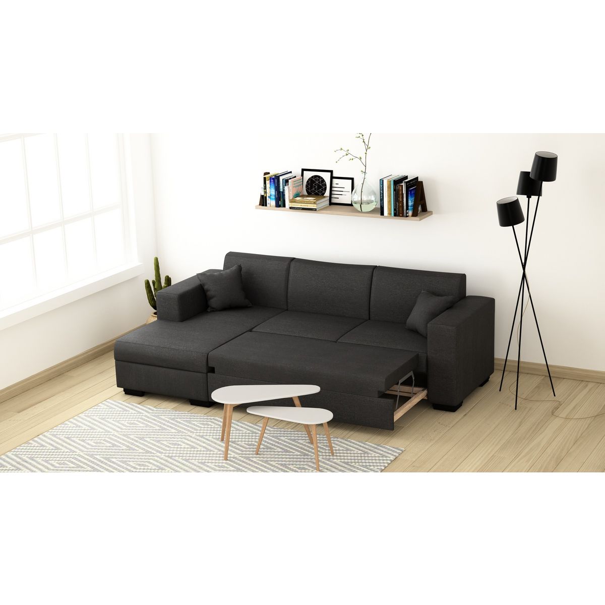 Canapé d'angle gauche convertible  4 places avec coffre tissu CARIBEA