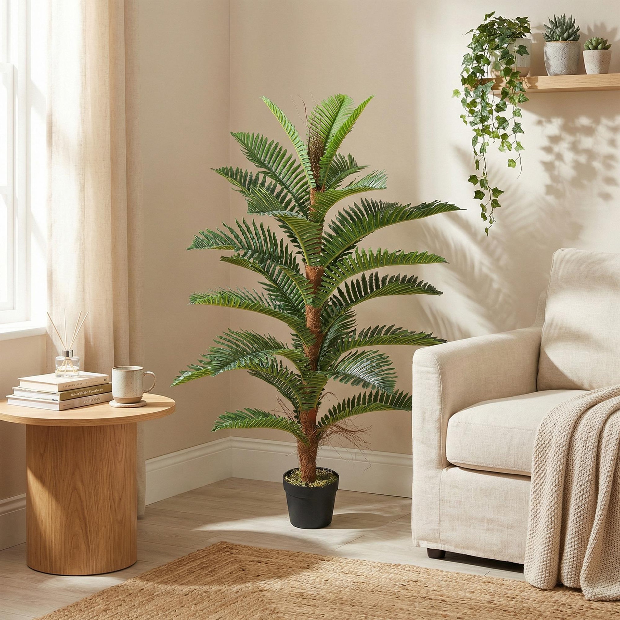 Voir la diapositive 6 : HOMCOM Palmier artificiel H.1,2 m arbre artificiel tronc branches lichen feuilles grand réalisme pot inclus