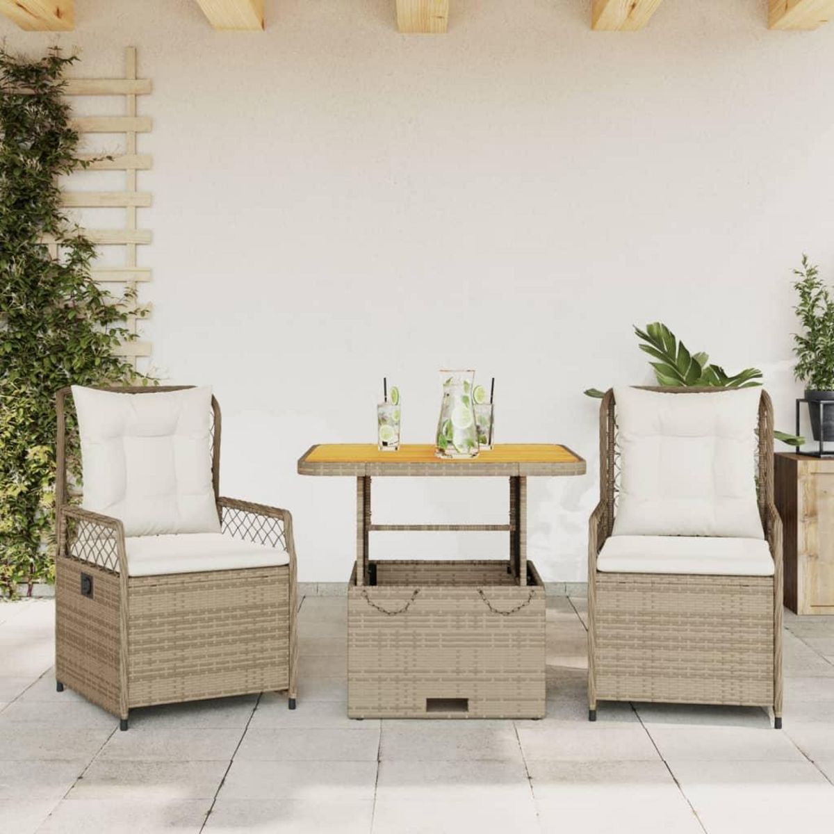 VIDAXL Ensemble a manger de jardin et coussins 3 pcs Beige poly rotin