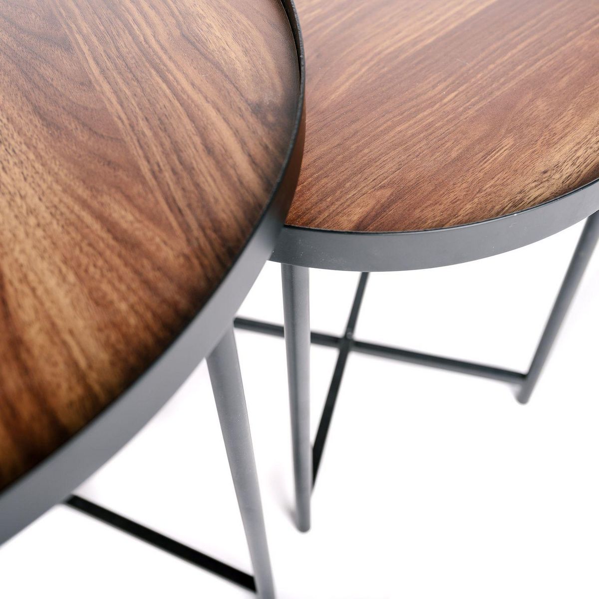 KB8 Lot de 2 tables d'appoint ou tables gigogne ronde en MDF et métal - Marron et noir