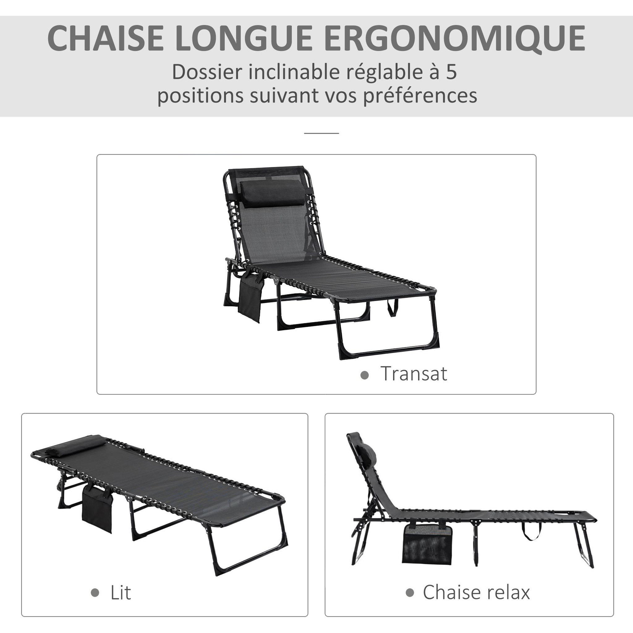 Voir la diapositive 4 : OUTSUNNY Bain de soleil transat pliable avec poignée - dossier inclinable multi-positions, pochette, tétière - acier époxy lacets élastiques textilène noir
