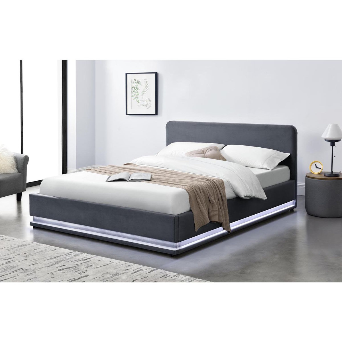 CONCEPT USINE Structure de lit avec LED 160 x 200 cm en velours gris NEWYORK