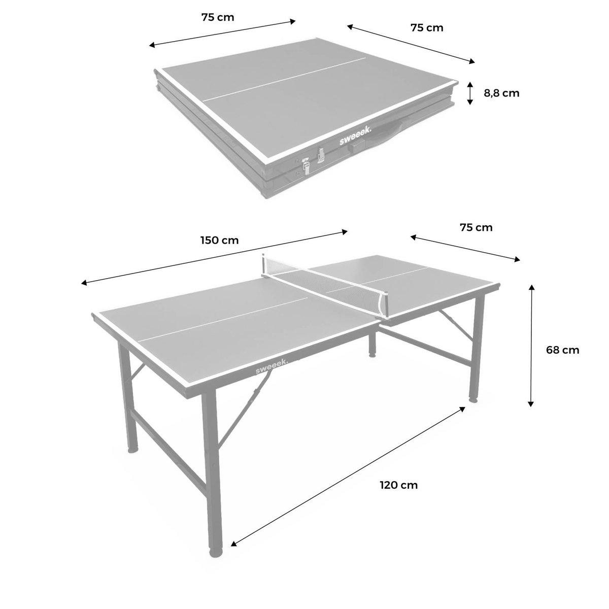 SWEEEK Mini table de ping pong pliable 150x75cm INDOOR, avec 4 raquettes et 6 balles, pour utilisation intérieure