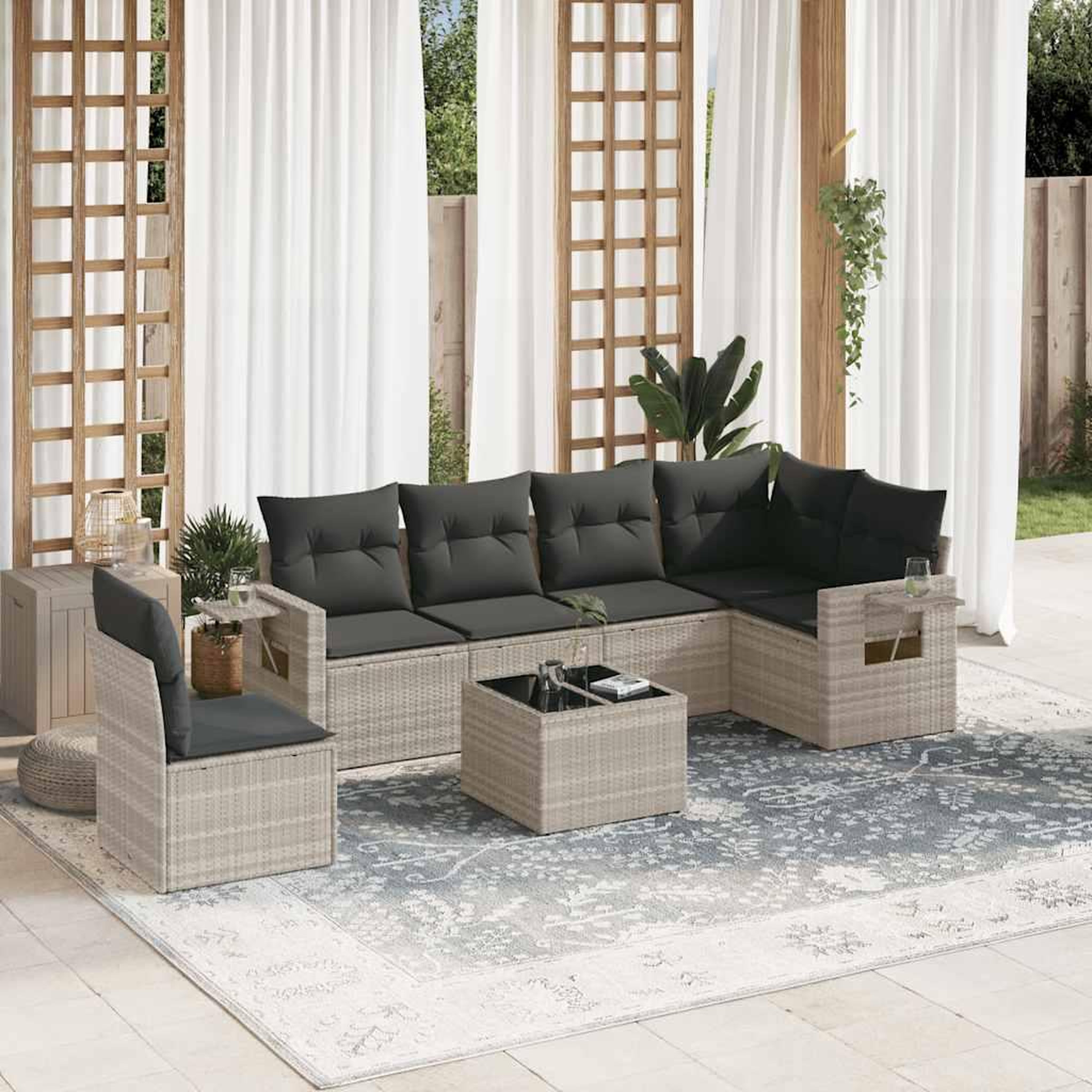 VIDAXL Salon de jardin avec coussins 7 pcs gris clair resine tressee