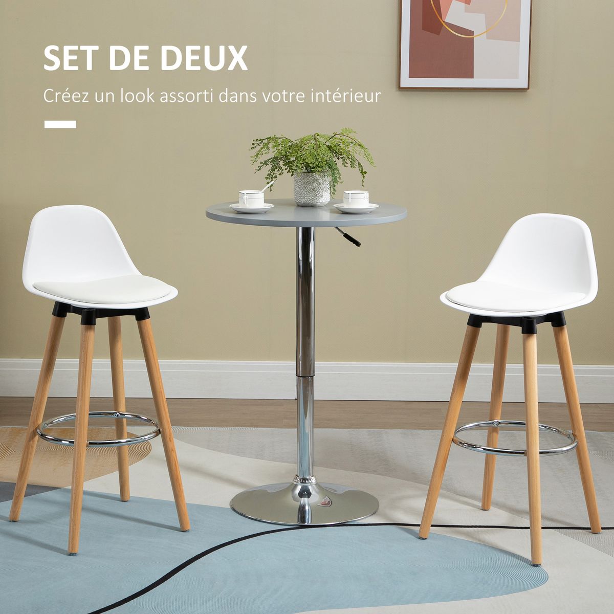 HOMCOM Tabourets de bar style scandinave - lot de 2 tabourets de bar avec repose-pieds - piètement bois de hêtre assise PU blanc