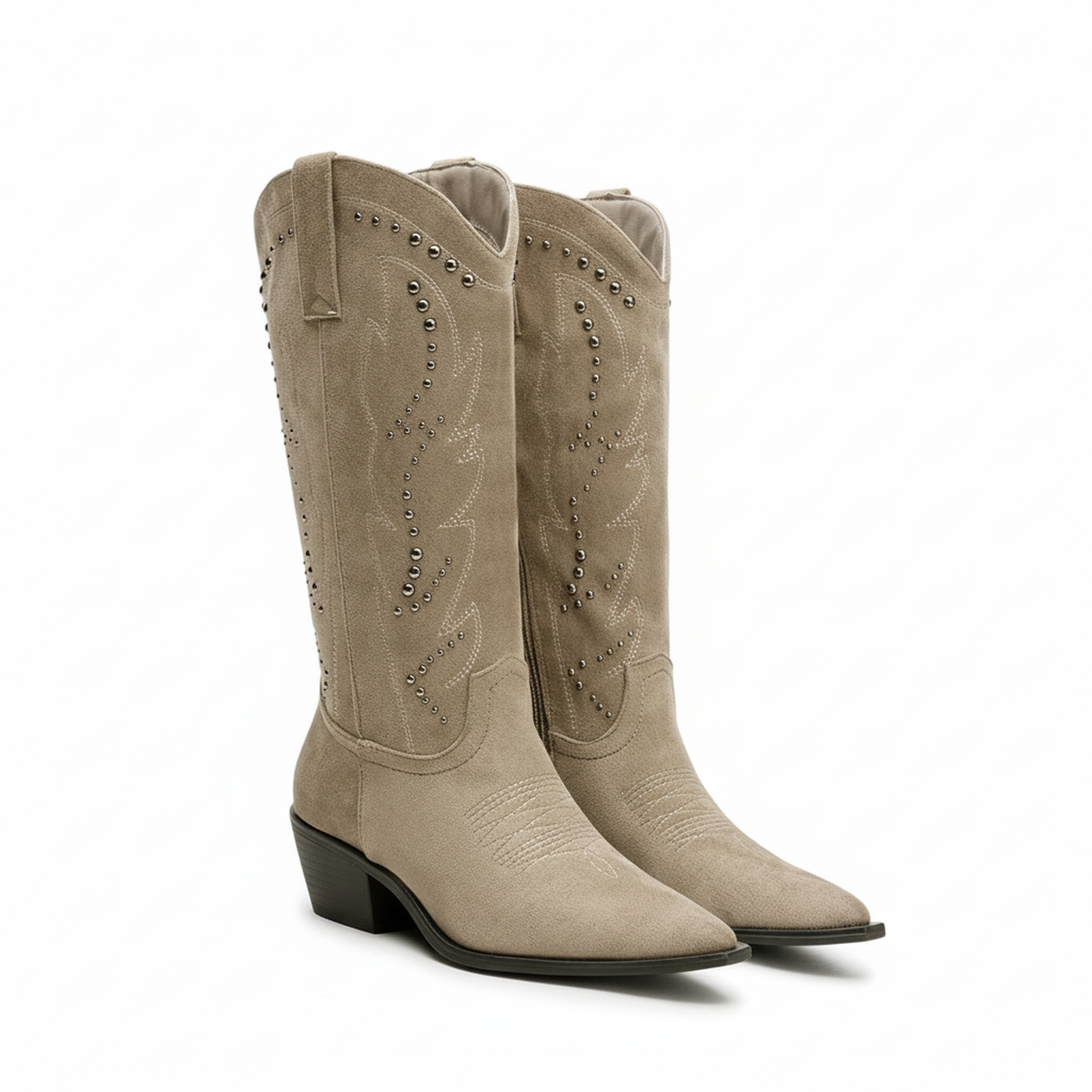 Voir la diapositive 3 : OZABI Ozabi bottes santiag femme haute tige suédine cloutée talon bloc 4 cm
