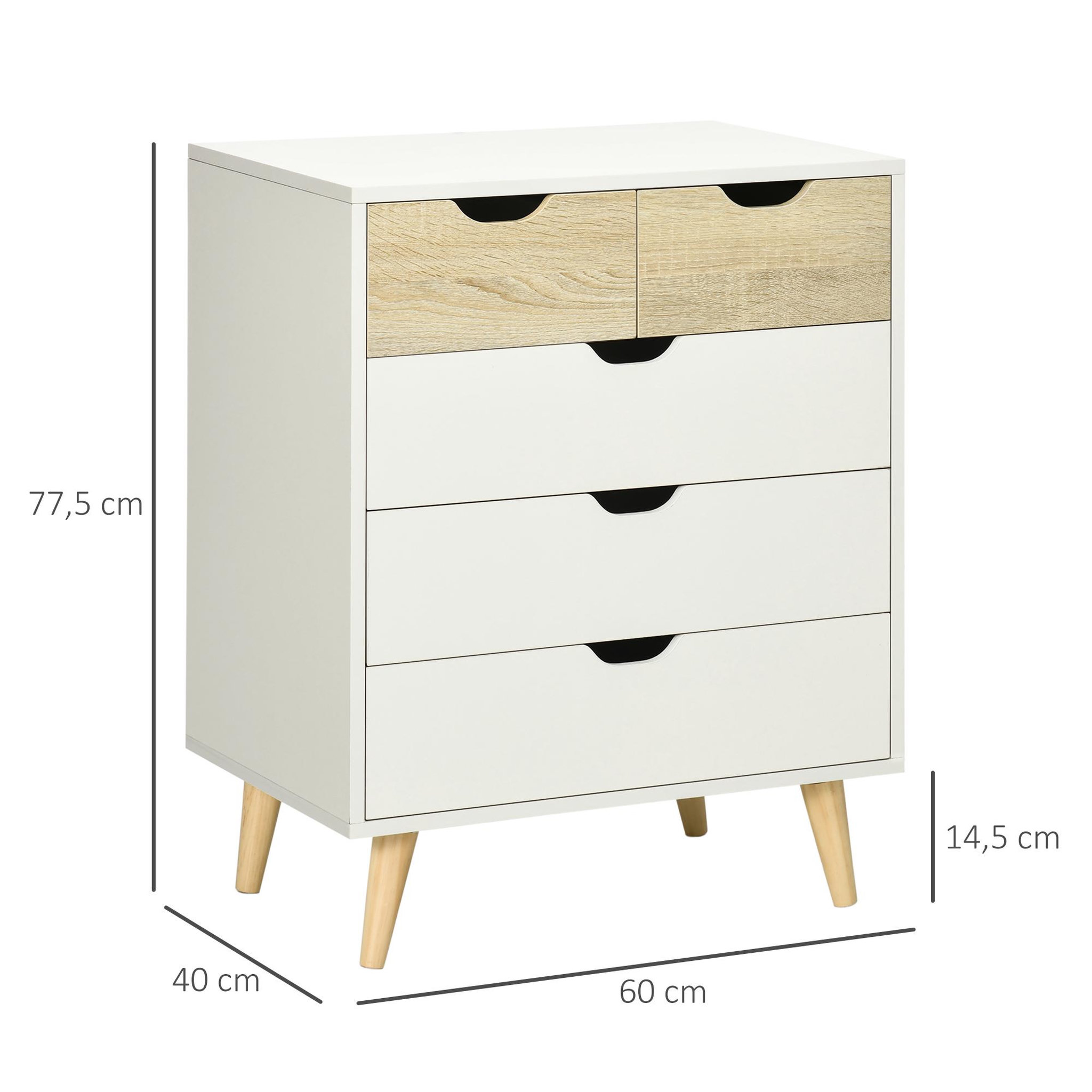 Voir la diapositive 3 : HOMCOM Commode design scandinave 5 tiroirs coulissants piètement bois effilé incliné panneaux blanc aspect bois clair
