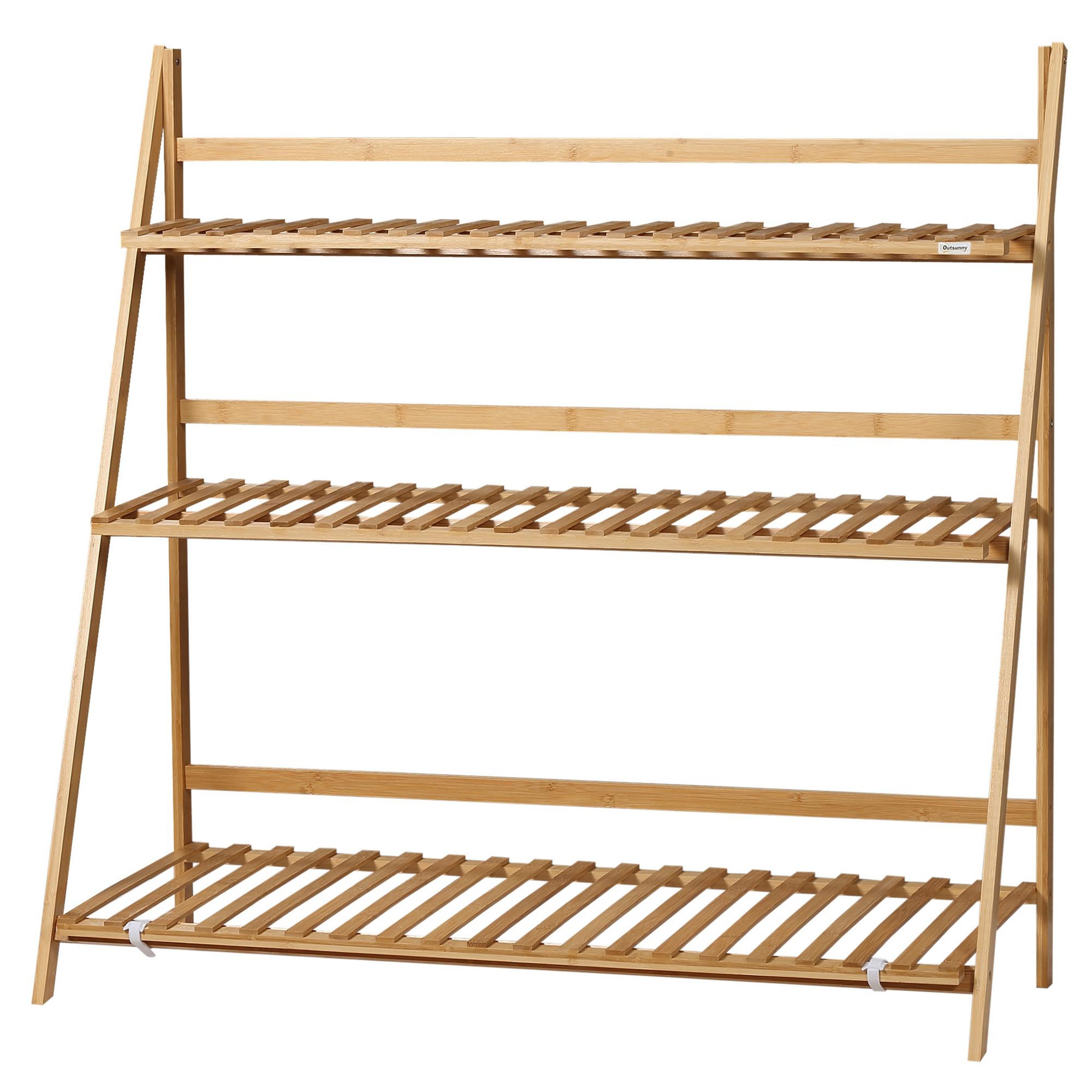 Voir la diapositive 5 : OUTSUNNY Étagère échelle à fleurs en bois de bambou - porte plantes pliable bois 3 étagères à lattes