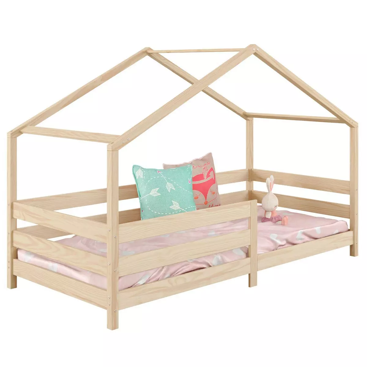 IDIMEX Lit cabane RENA lit simple montessori pour enfant 90 x 190 cm, avec barrières de protection, en pin massif à la finition naturelle