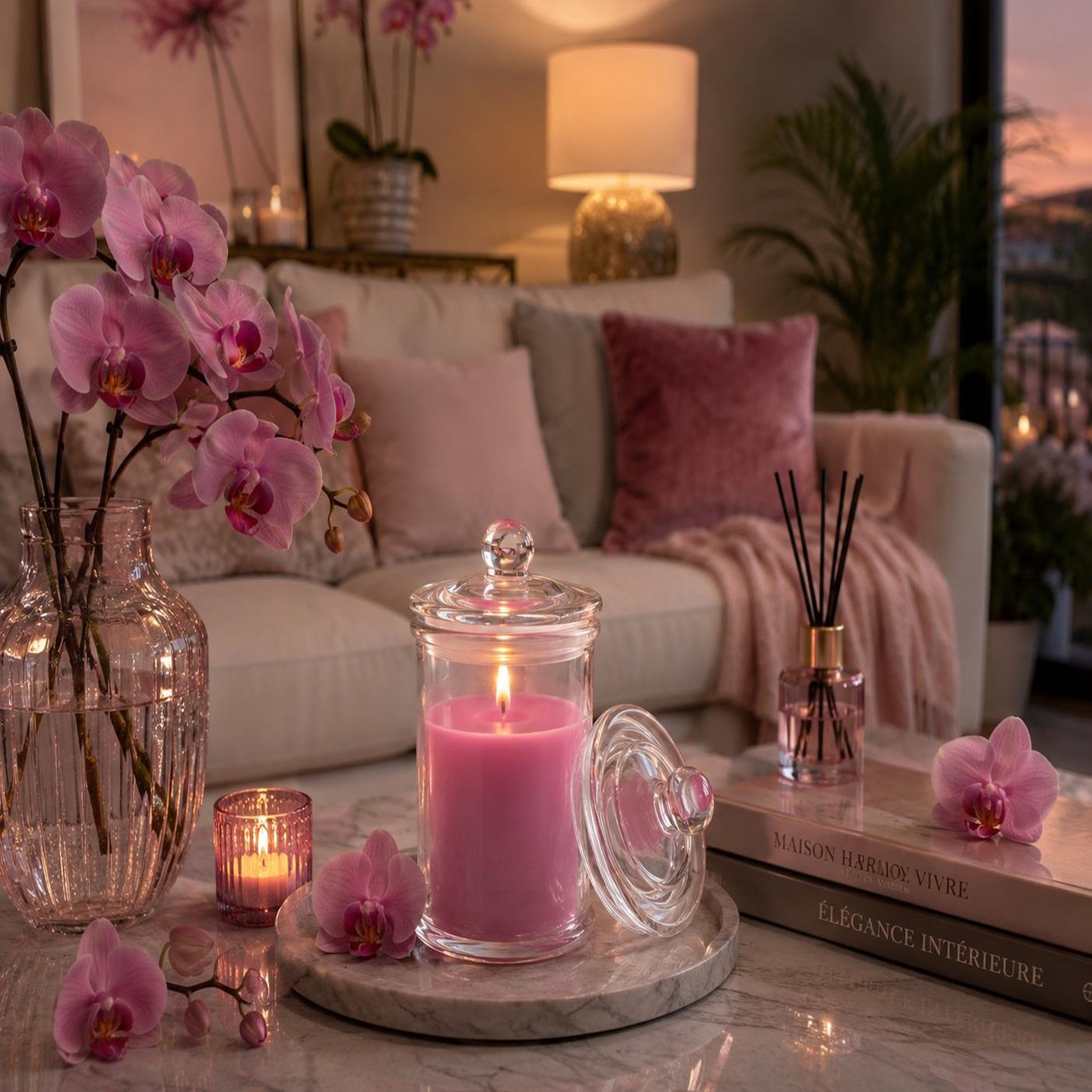 Voir la diapositive 2 : Eden Bougie bocal en verre senteur orchidee rose