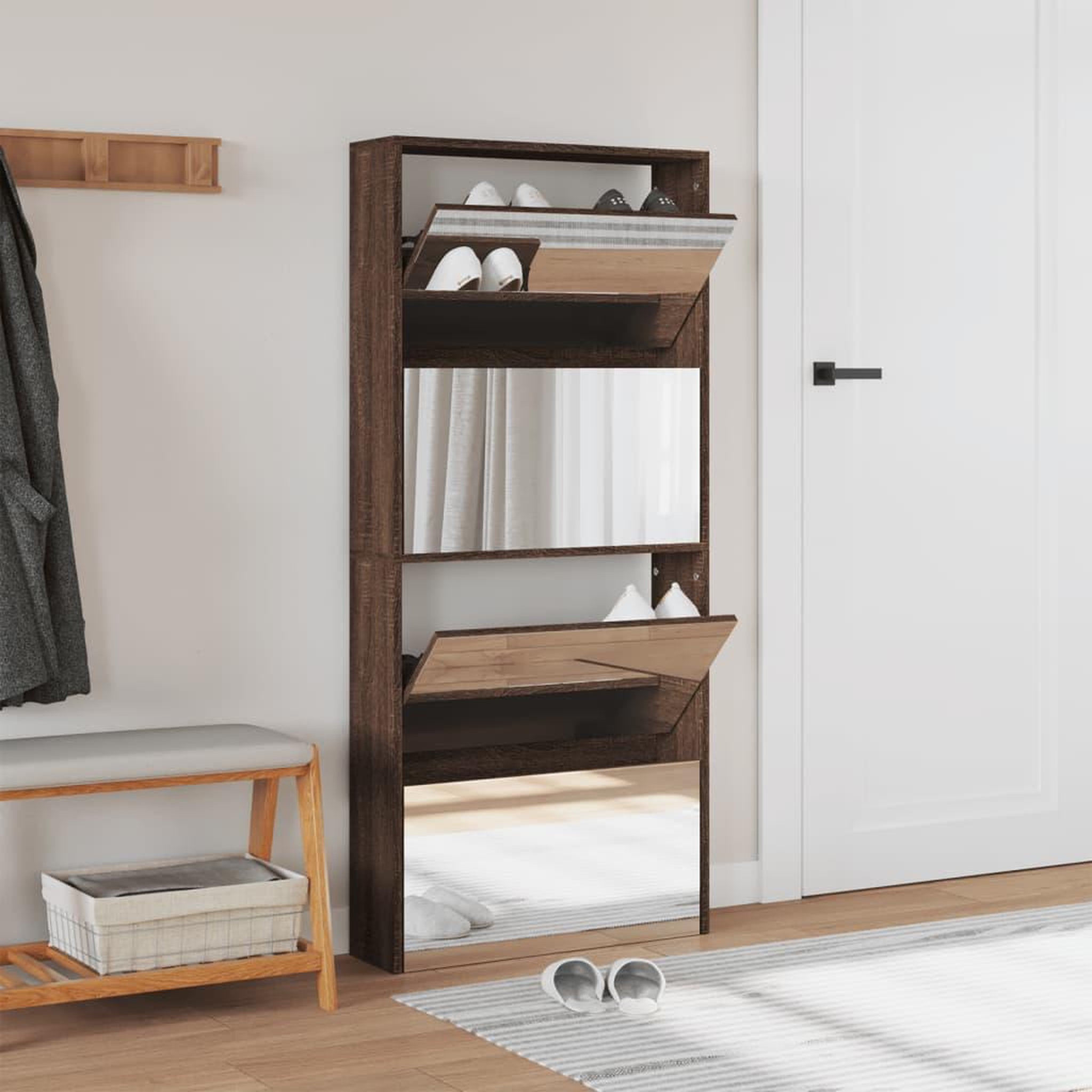 Voir la diapositive 3 : VIDAXL Armoire a chaussures miroir 4 niveaux chene marron 63x17x134 cm