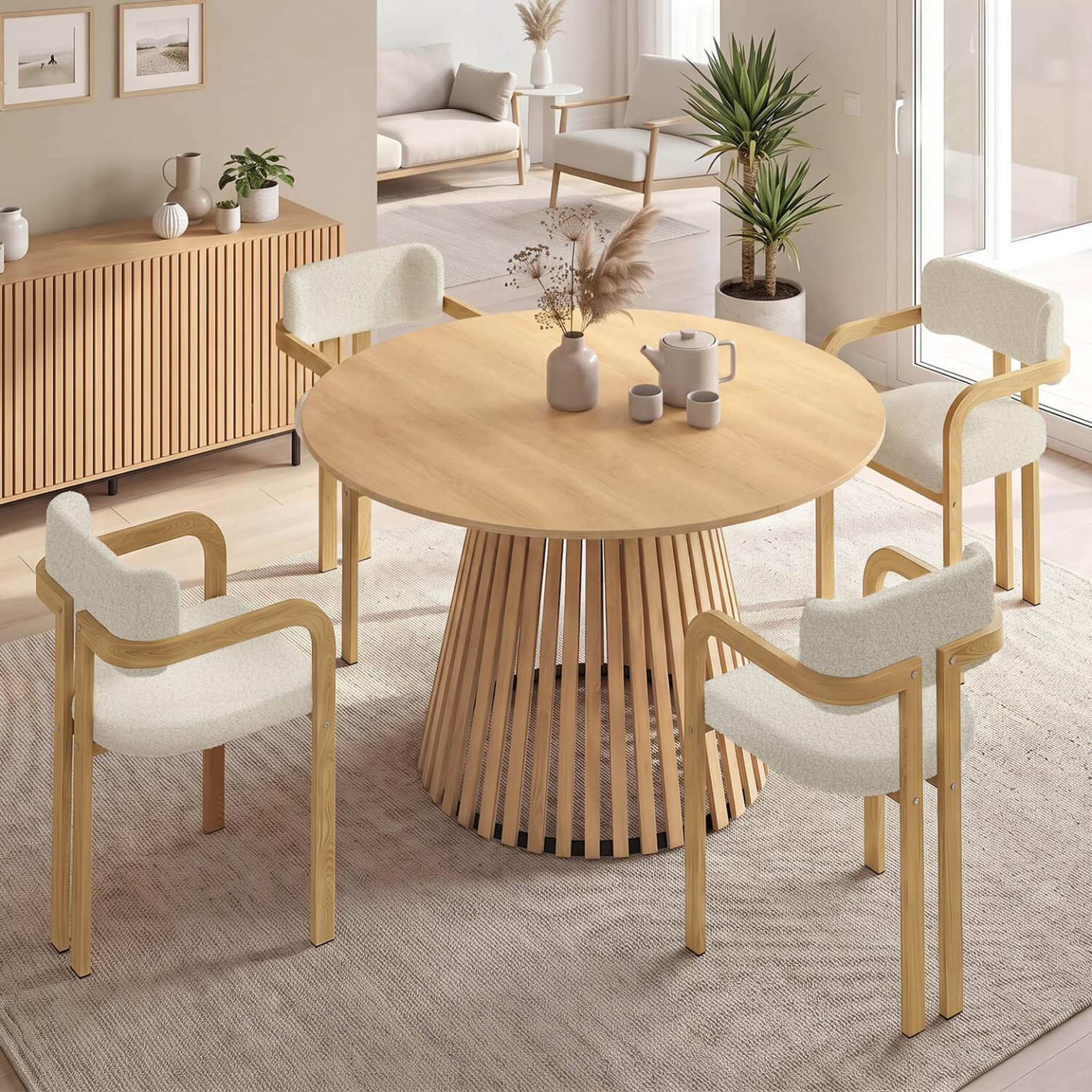 Voir la diapositive 6 : ID MARKET Ensemble table à manger extensible ronde carmen 4-8 personnes pied lattes 110 - 150 cm et 4 chaises esma effet bois et bouclette