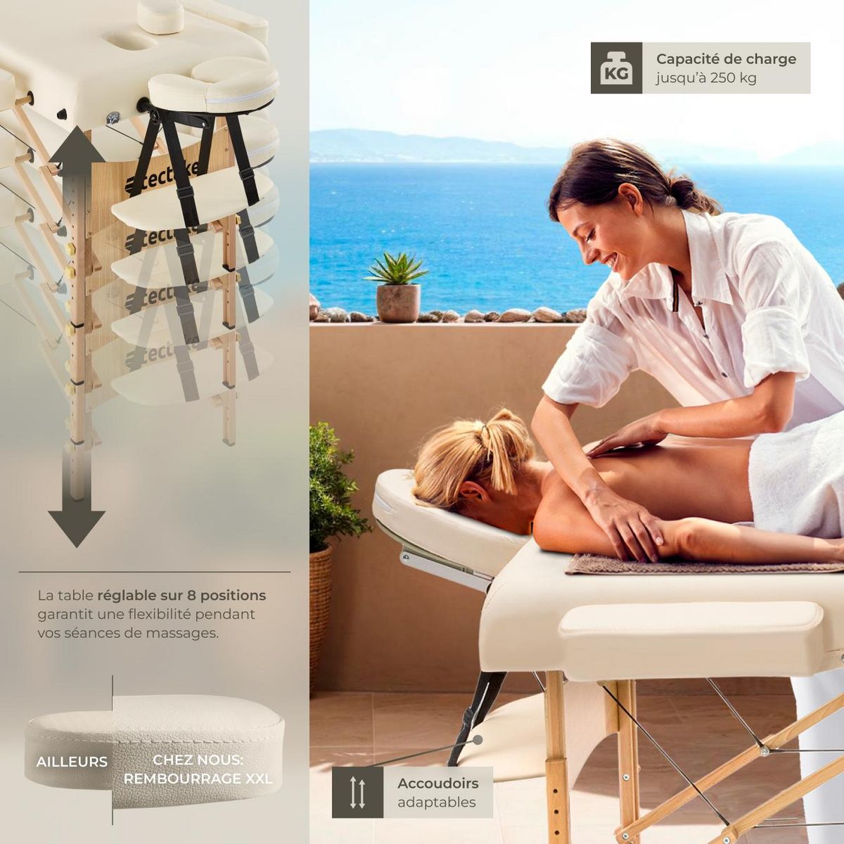tectake Table de massage portable pliante 2 zones largeur 59 cm et rembourrage 7,5 cm beige