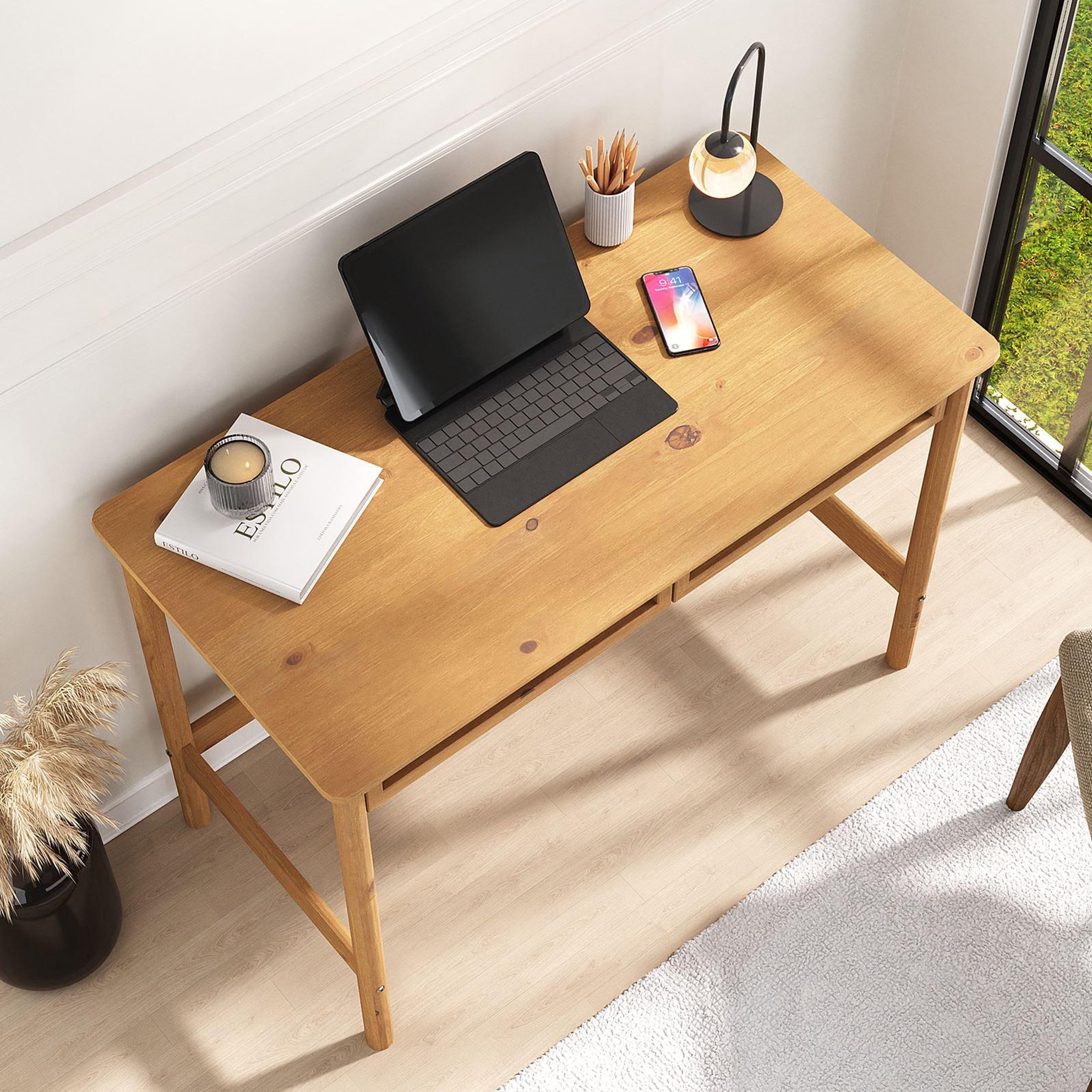 Voir la diapositive 4 : IDIMEX Bureau rodrigo h 76 cm avec 2 tiroirs en bois massif