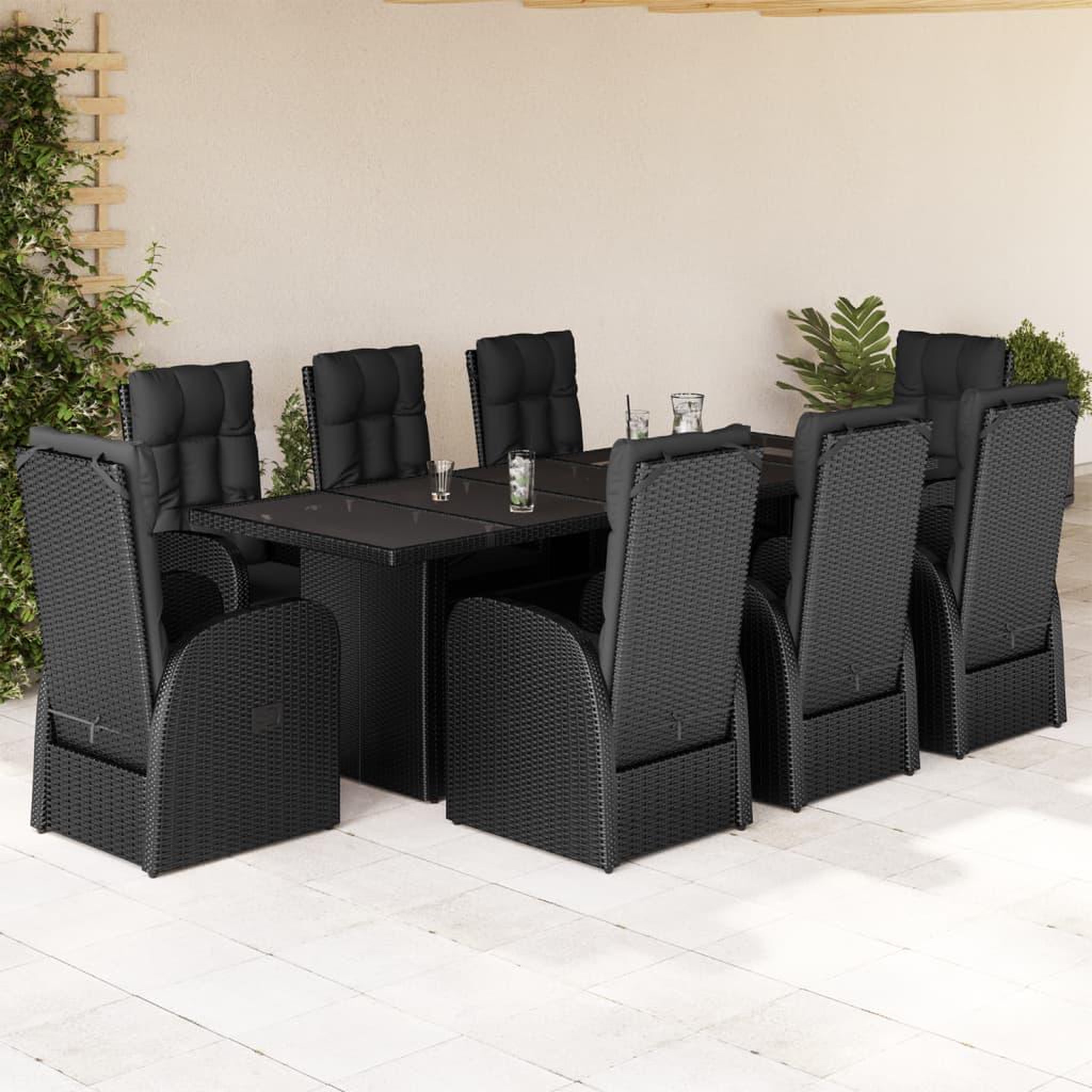 VIDAXL Ensemble a manger de jardin 9pcs coussins noir resine tressee