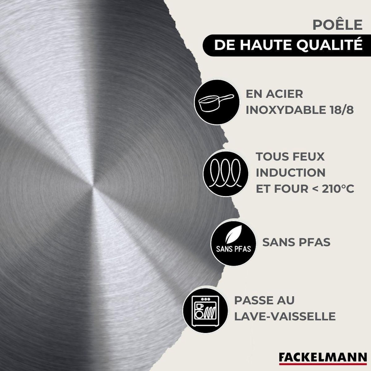 Fackelmann Set poêle 28 cm en inox, 3 faitouts inox 16, 20 et 24 cm et 5 ustensiles Fackelmann Eterna