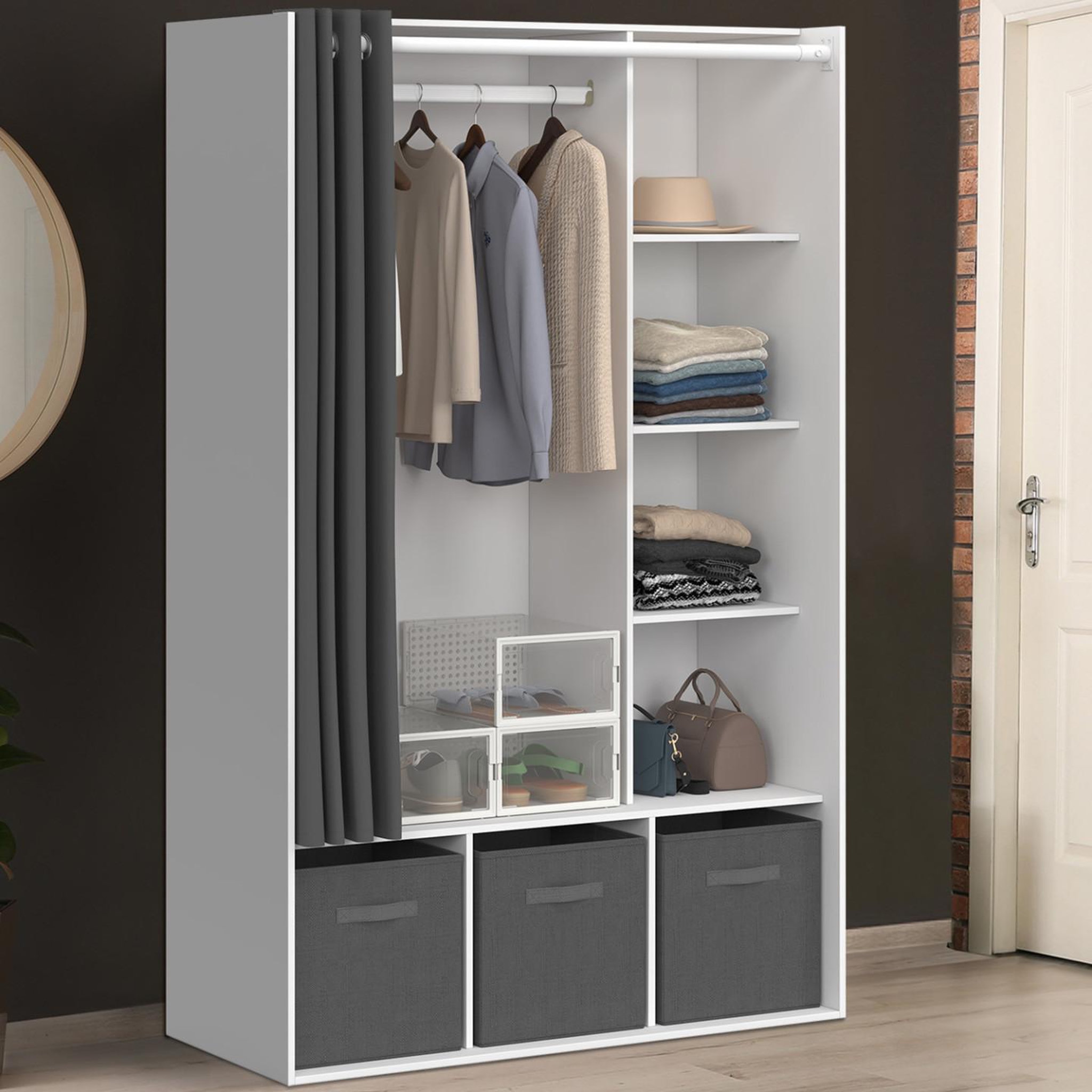 Voir la diapositive 2 : ID MARKET Dressing penderie diane 105 x 45 x 167 cm blanc avec étagères + boites de rangement + rideau gris