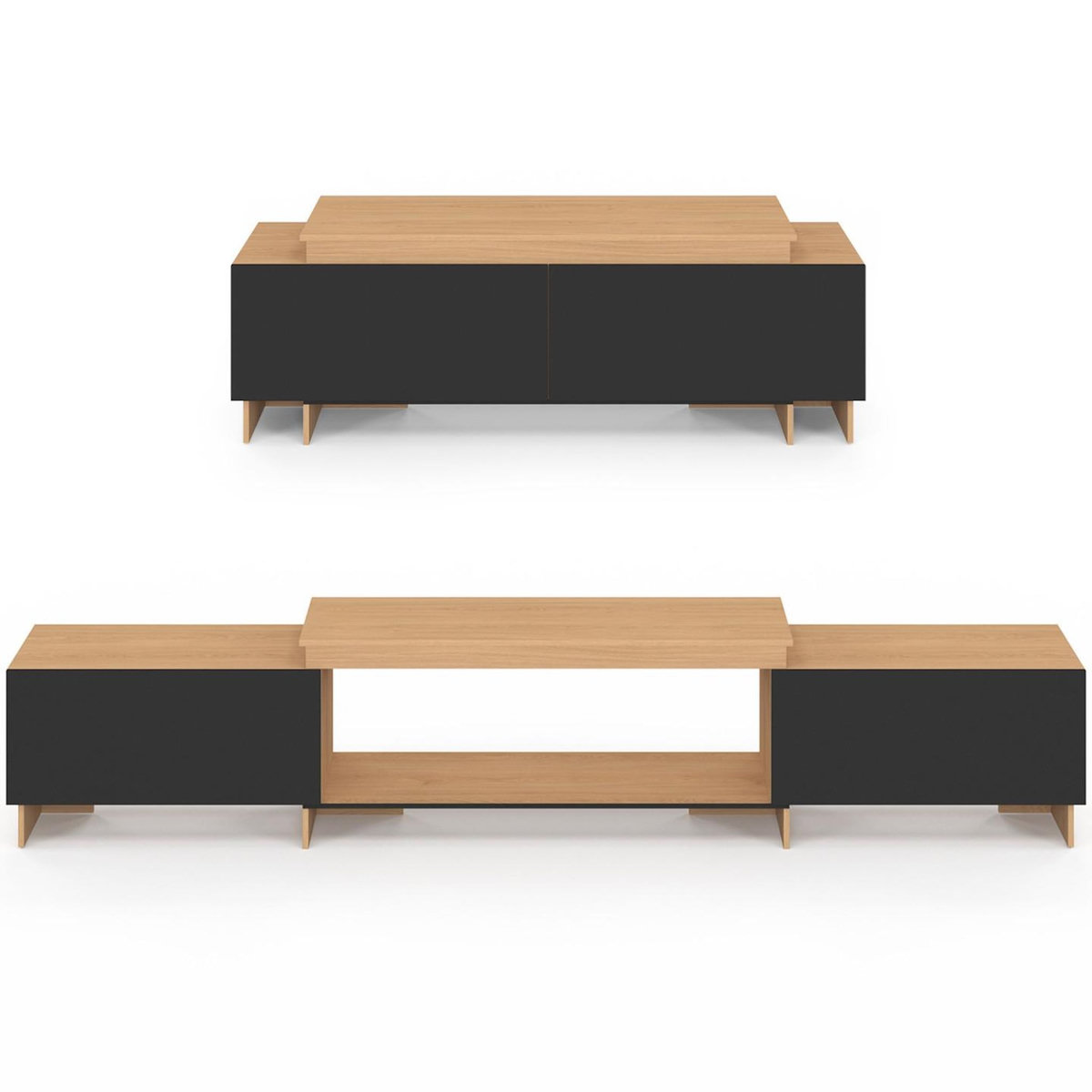 ID MARKET Meuble TV extensible 140-240 cm VLAD 2 portes bois et noir