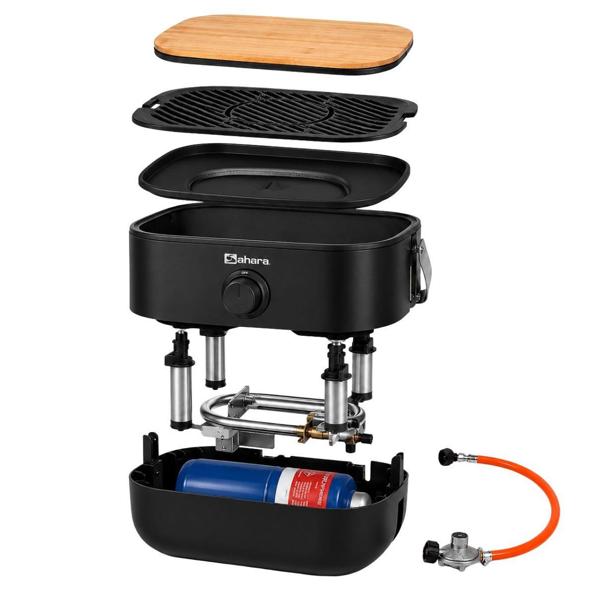 Voir la diapositive 2 : SAHARA Barbecue à gaz portable compact 2,7kw grille en fonte mini barbecue de table noir planche à découper bois 2 à 4 personnes sahara