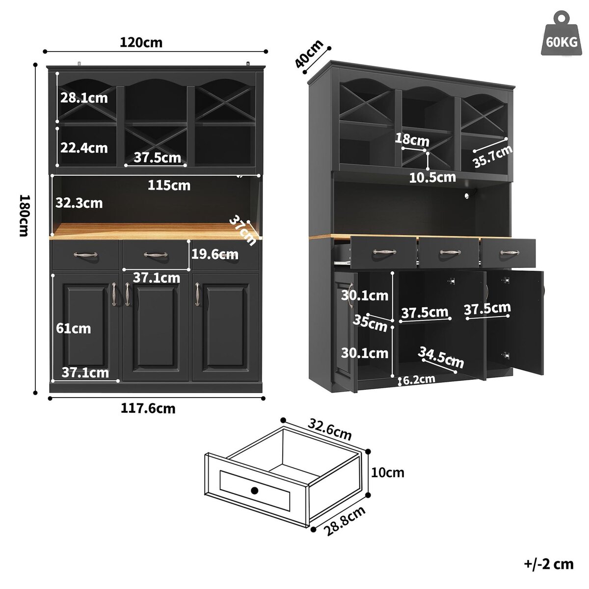 MERAX Buffet de cuisine 3 portes 3 tiroirs - 120 cm noir led mdf