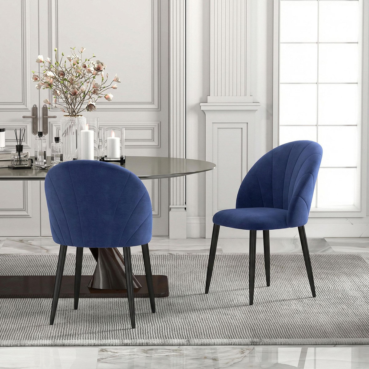 HOMCOM Lot de 2 chaises de salle à manger pieds en acier tissu velours bleu