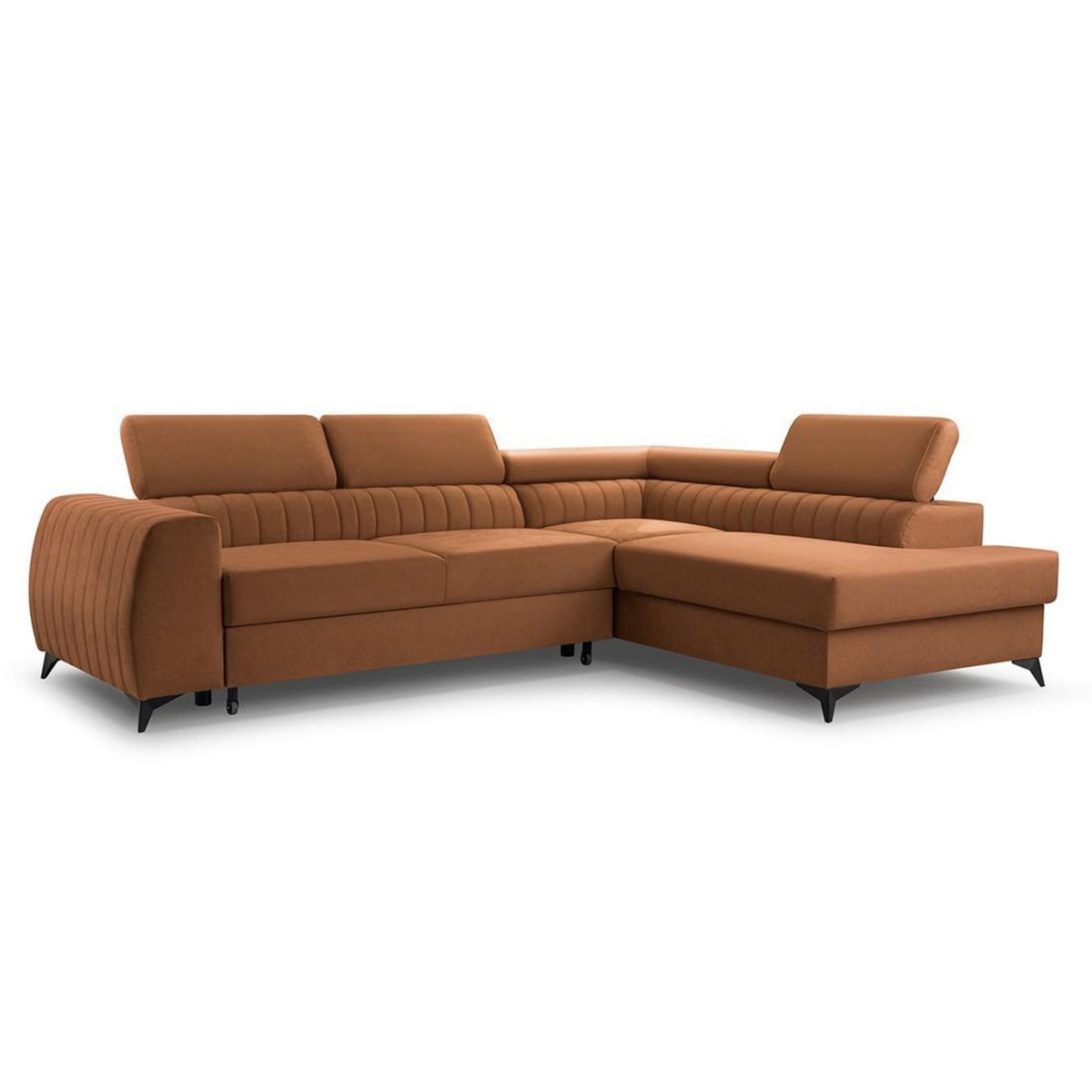 BEST MOBILIER Aneta - canapé d'angle droit 5 places - convertible avec coffre et têtières - en velours