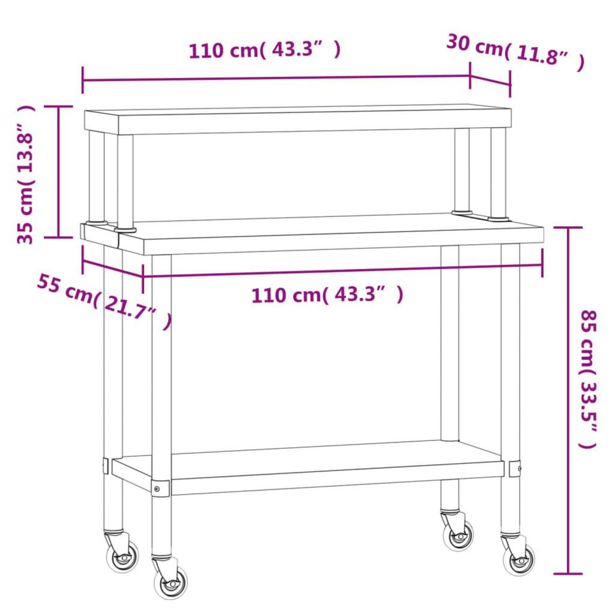 VIDAXL Table de travail de cuisine avec etagere 110x55x120 cm inox