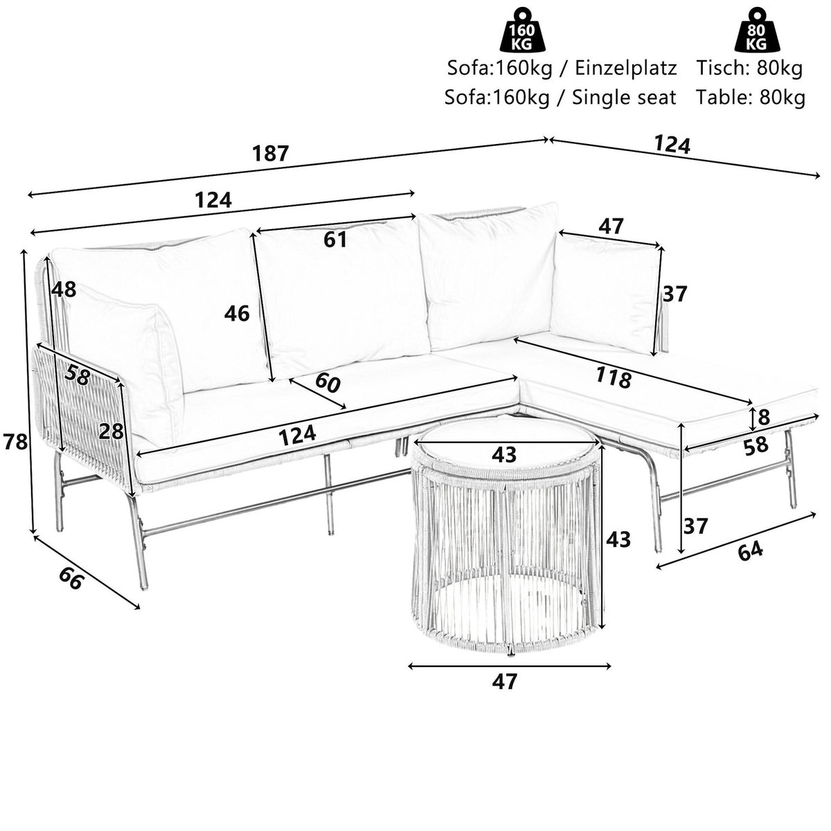 MERAX Salon de jardin 4 places en fer avec table, coussins, forme L, beige