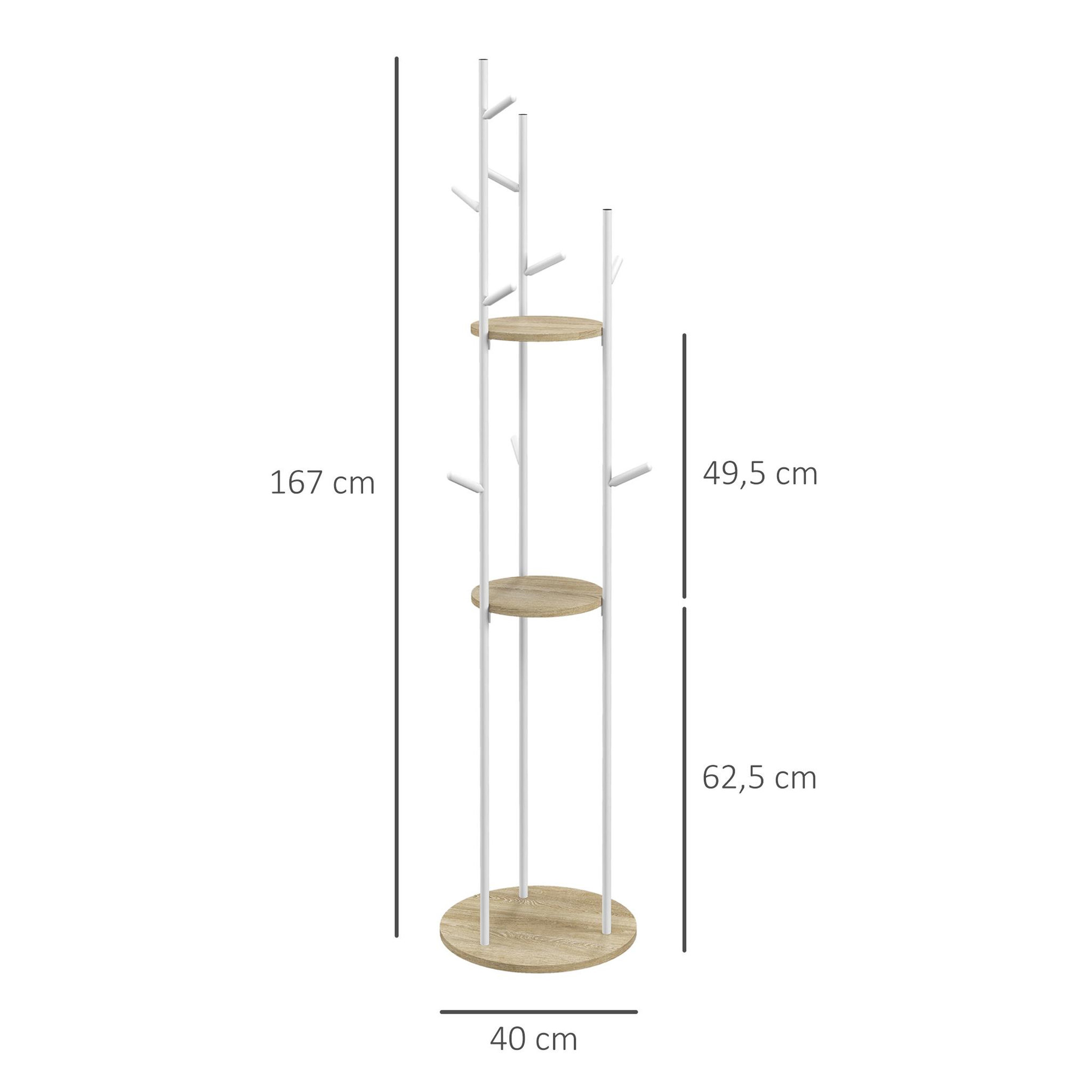 Voir la diapositive 3 : HOMCOM Porte-manteau design contemporain branches 2 étagères 9 patères Ø 40 x 167H cm aspect chêne clair acier blanc