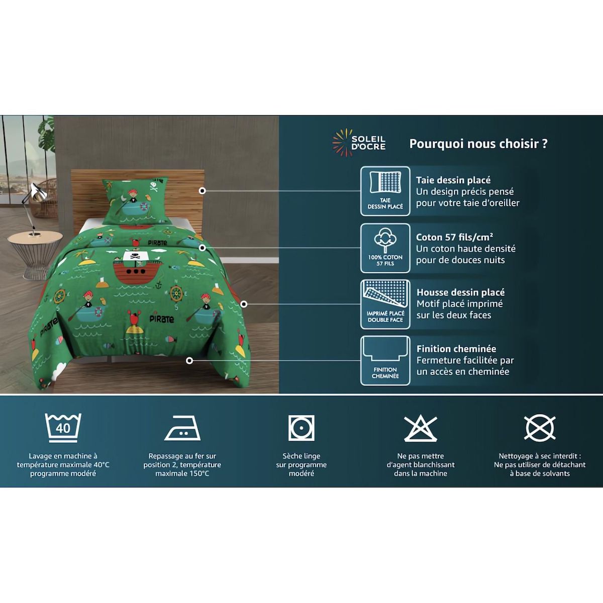 SOLEIL D'OCRE Parure housse de couette SIRENES, 100% coton 57 fils/cm2, par Soleil d'Ocre