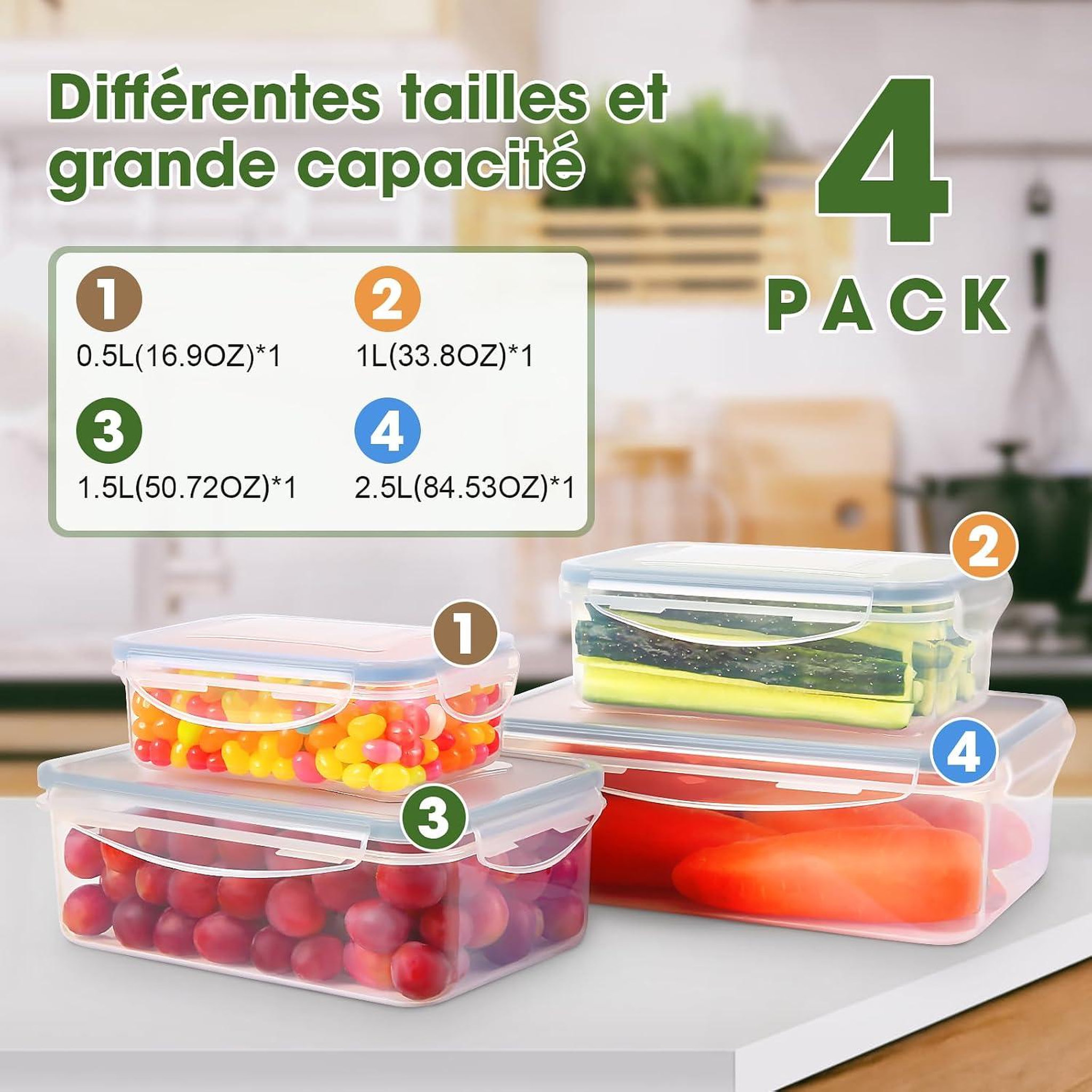 Voir la diapositive 3 : YASHE Boîtes alimentaires, 4 récipients avec couvercles