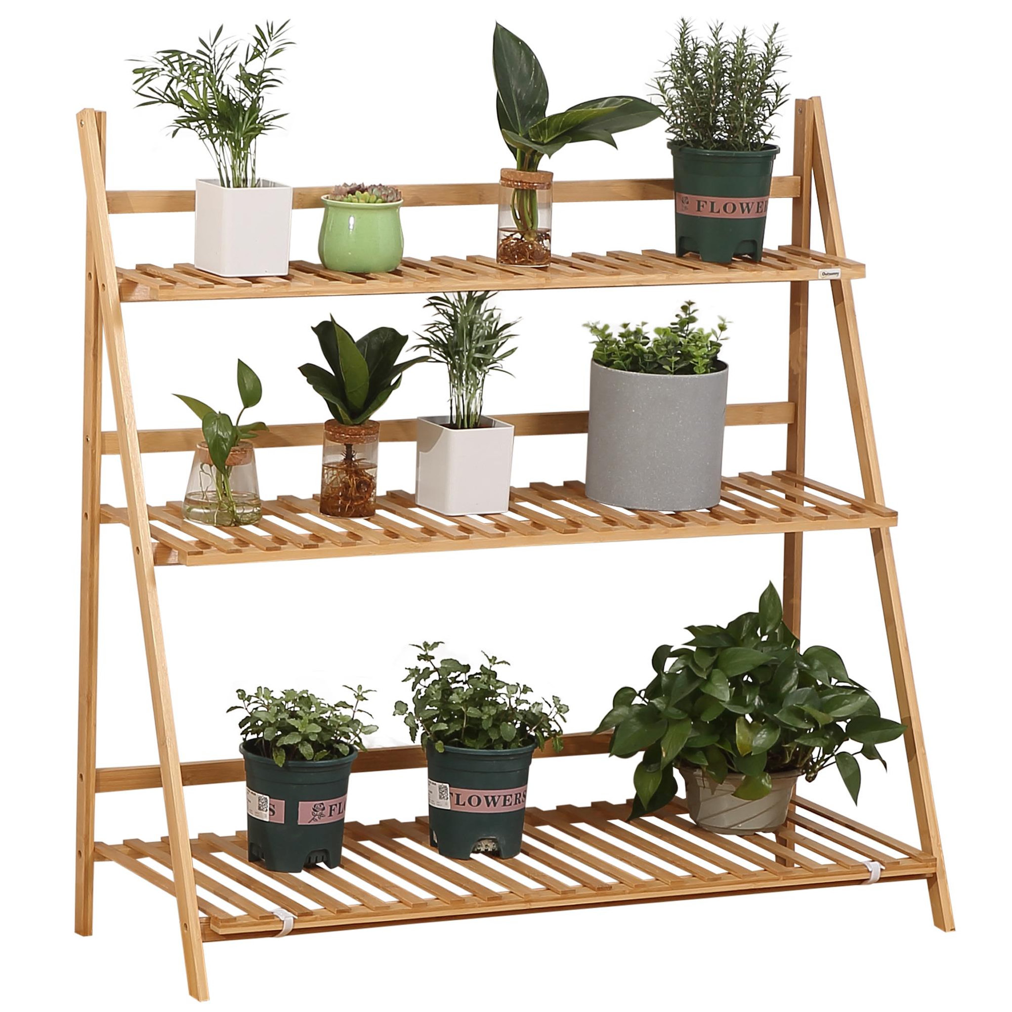 Voir la diapositive 1 : OUTSUNNY Étagère échelle à fleurs en bois de bambou - porte plantes pliable bois 3 étagères à lattes