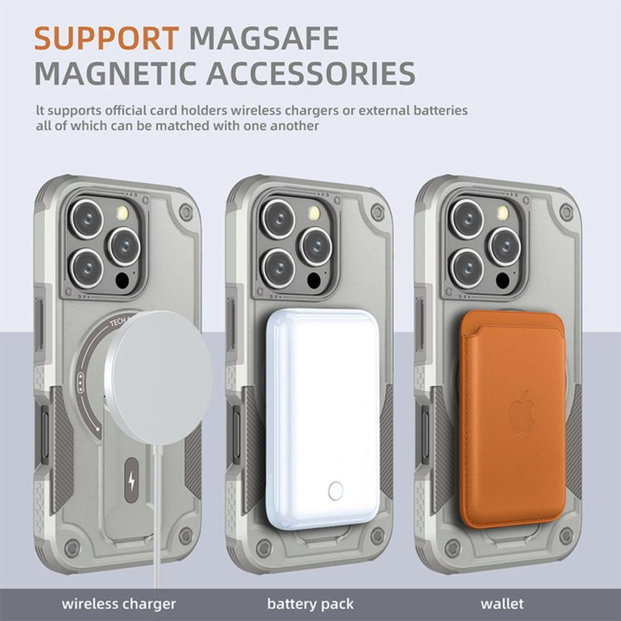 Voir la diapositive 6 : Coque MagSafe iPhone 16 Pro grise antichoc 360° avec support intégré HCT Style