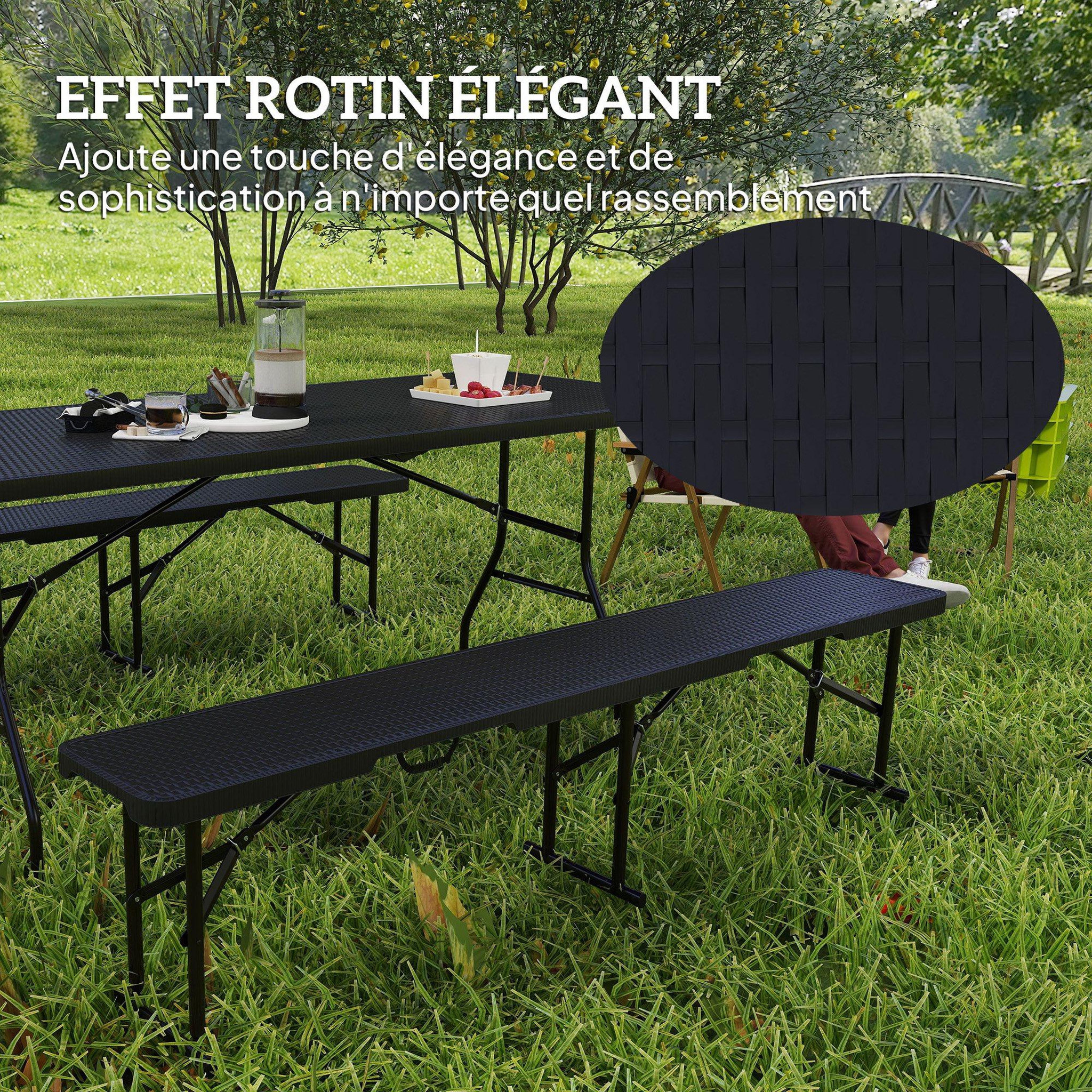 Voir la diapositive 4 : OUTSUNNY Ensemble table 2 bancs pliables avec poignées - usage pique-nique camping - métal époxy hdpe effet rotin noir