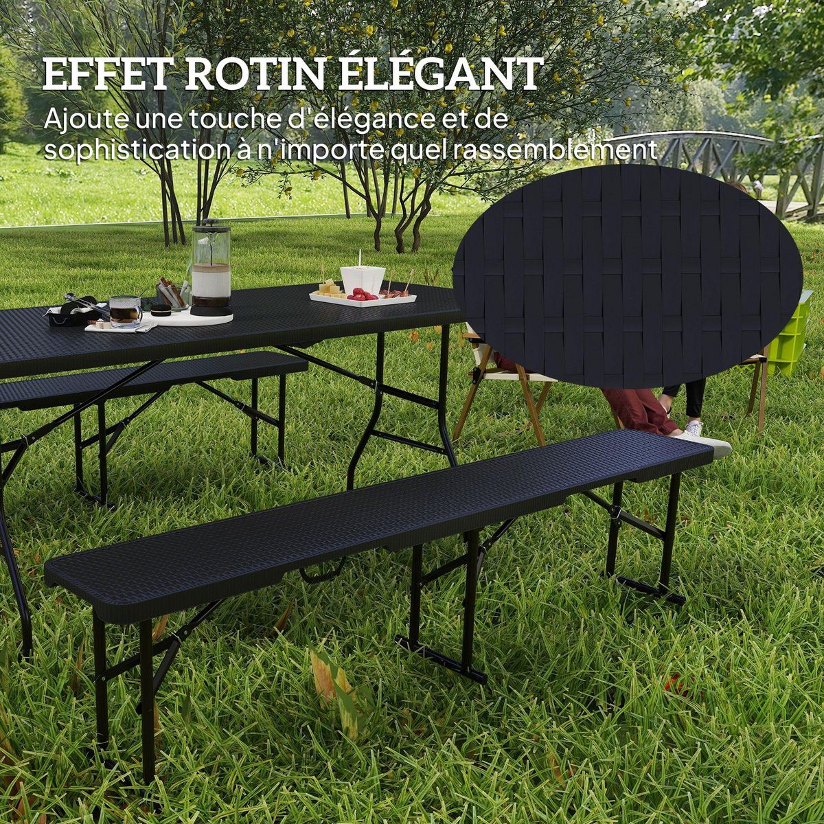 OUTSUNNY Ensemble table 2 bancs pliables avec poignées - usage pique-nique camping - métal époxy HDPE effet rotin noir