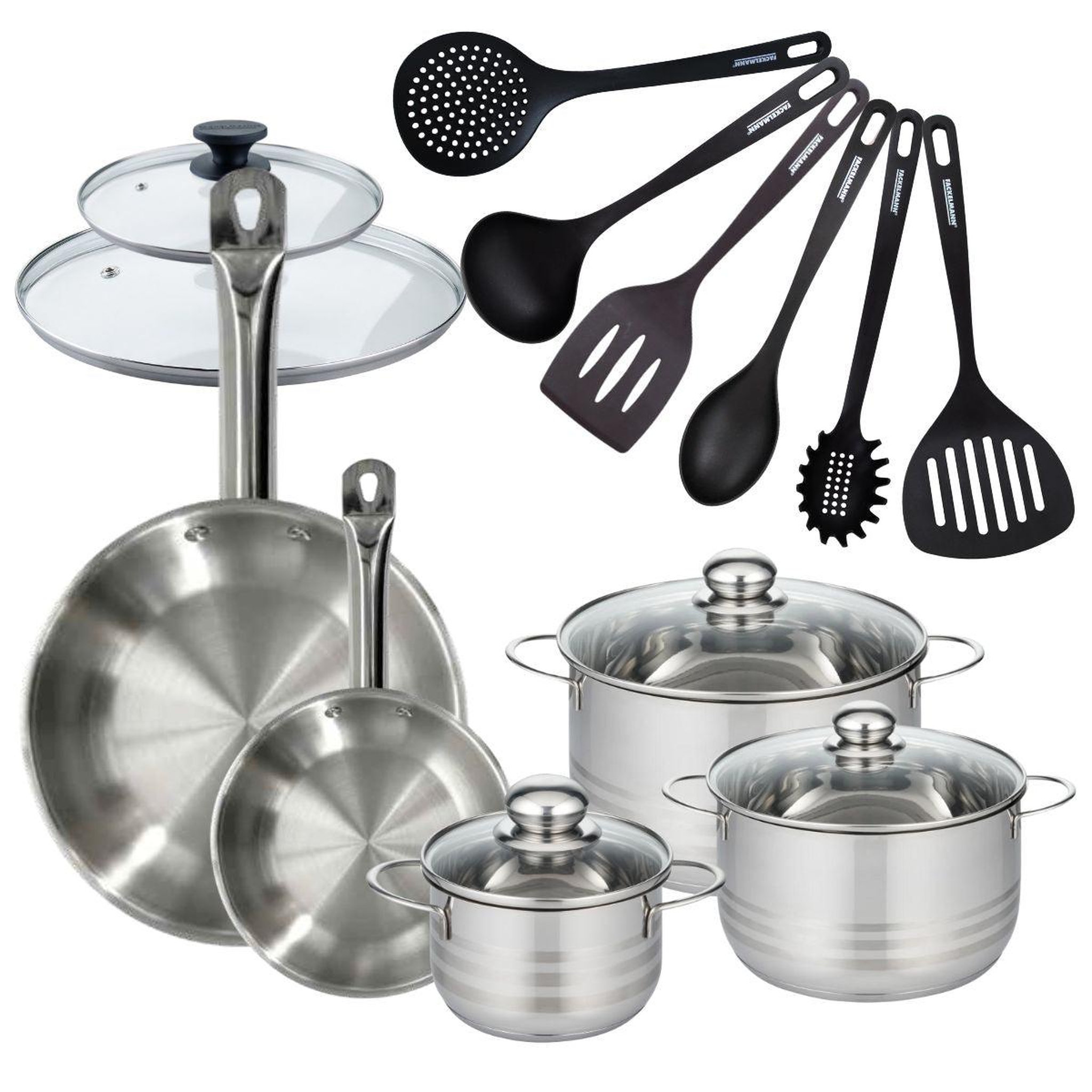Fackelmann Batterie de cuisine 2 poêles 20/28 cm et couvercles, 3 faitouts 16/20/24 cm et 6 ustensiles fackelmann eterna