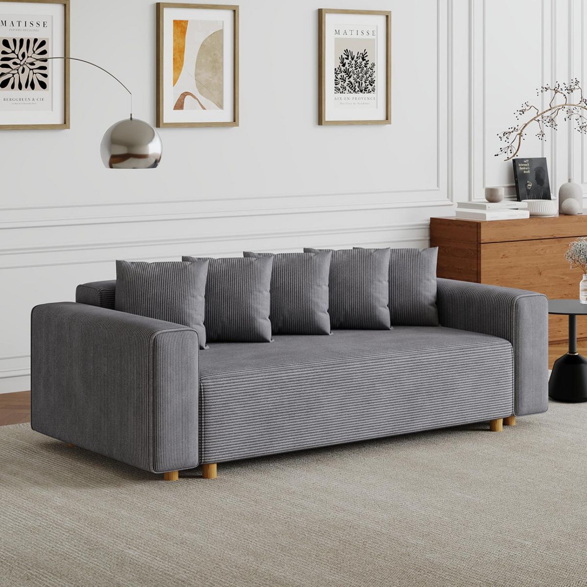 CONCEPT USINE Canapé convertible 3 places en velours côtelé gris KOLDING