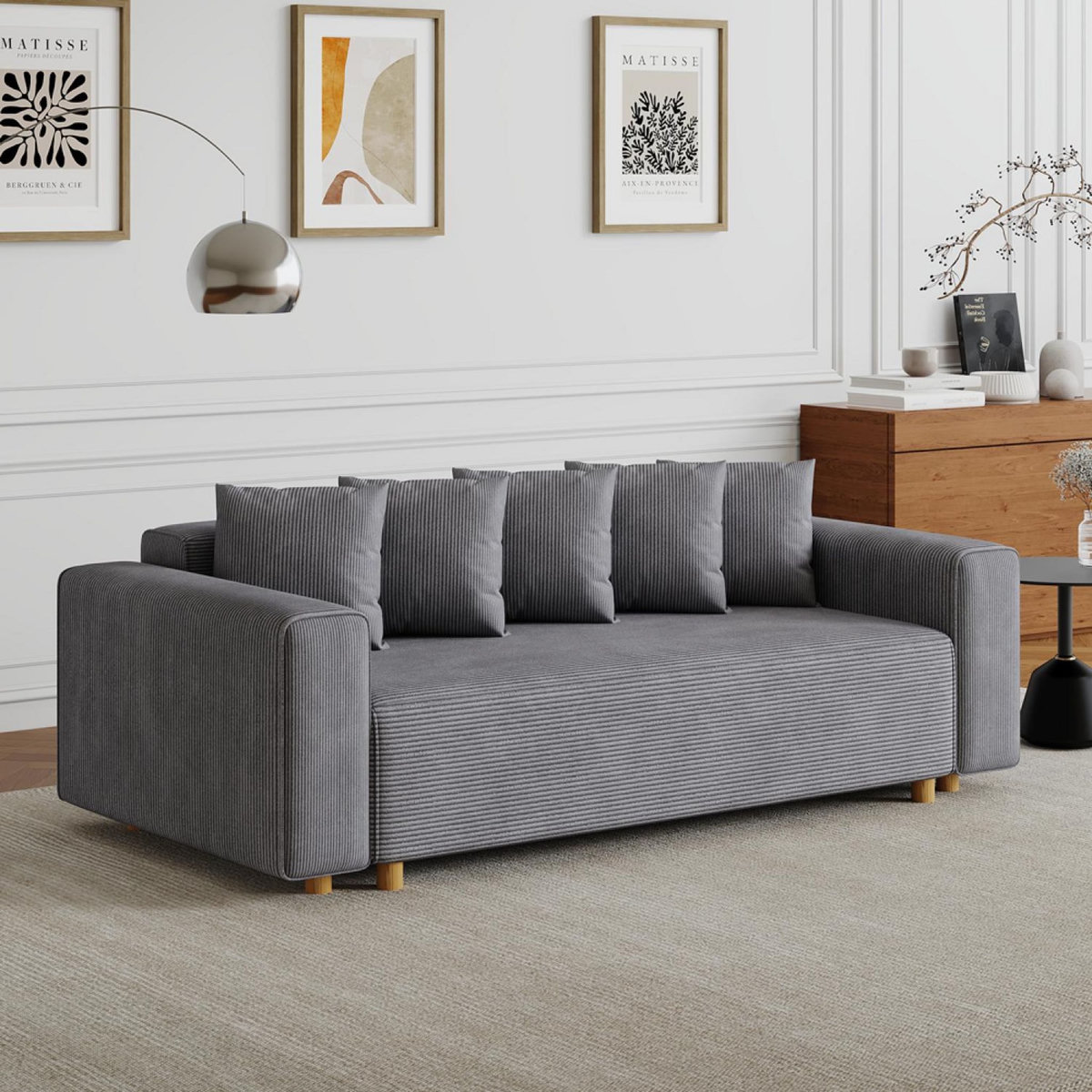 CONCEPT USINE Canapé convertible 3 places en velours côtelé gris KOLDING