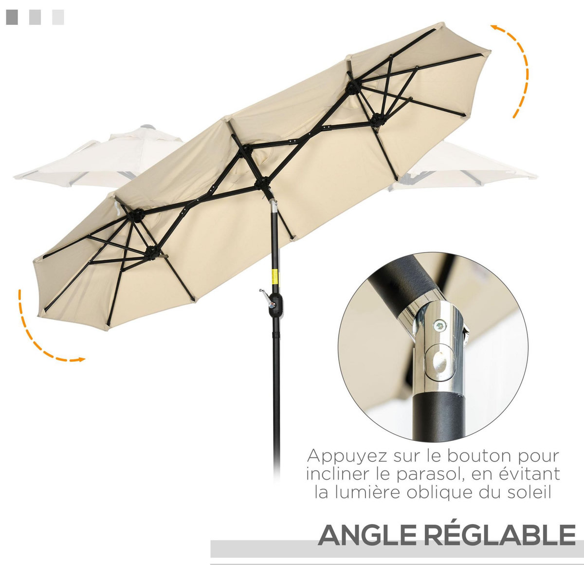 OUTSUNNY Parasol de jardin inclinable grande taille ouverture fermeture manivelle acier polyester haute densité beige
