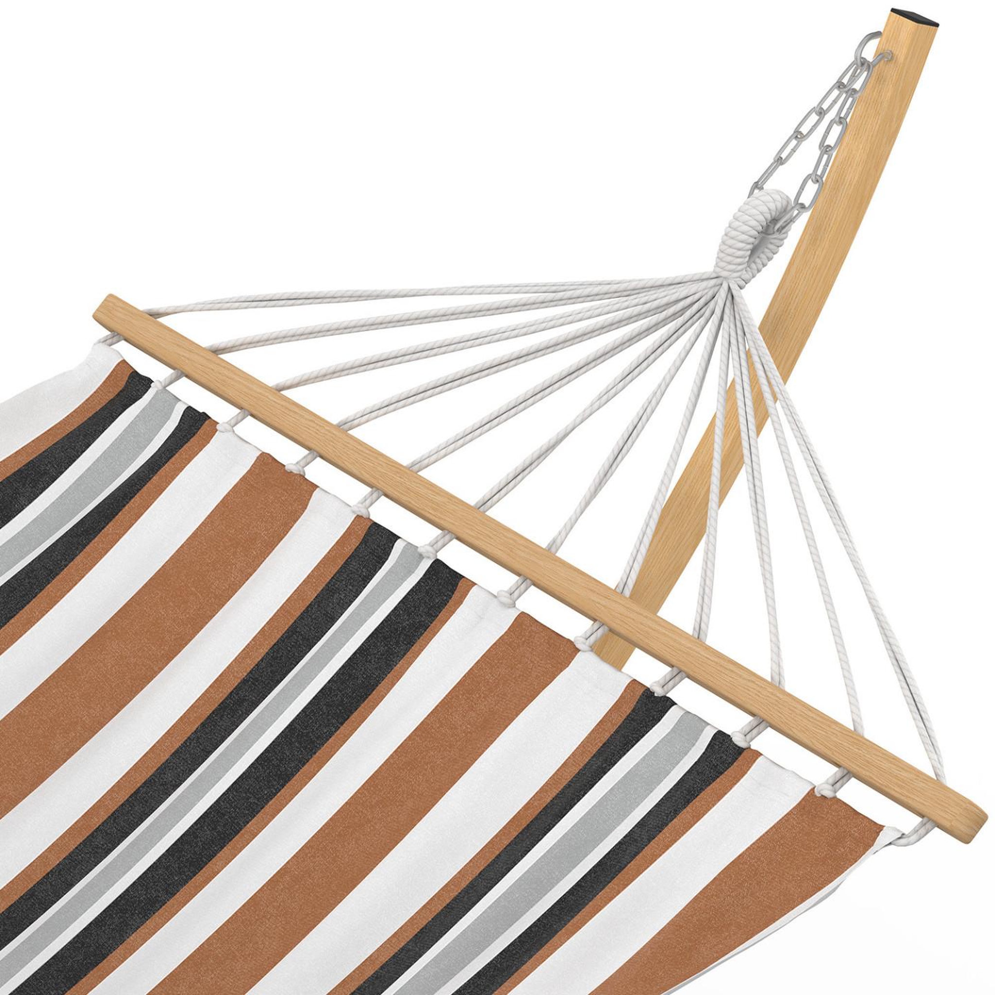 Voir la diapositive 5 : ID MARKET Hamac xl avec support métal effet bois et toile rayée noire, blanche et chocolat