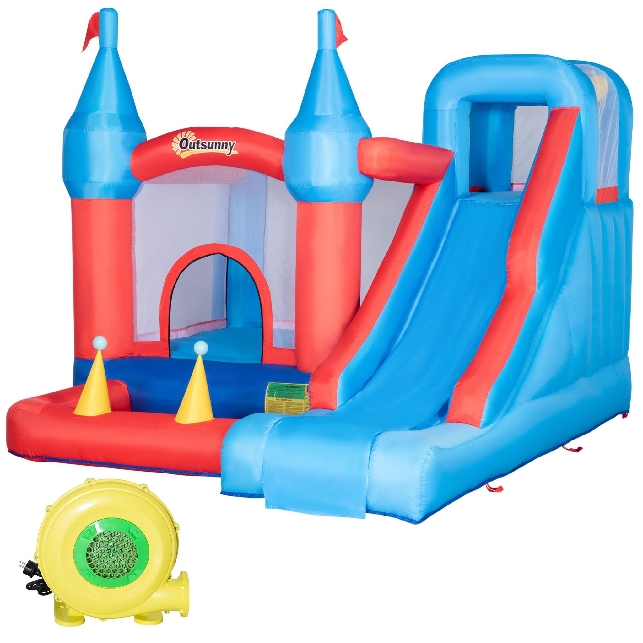 Voir la diapositive 1 : OUTSUNNY Château gonflable enfant - toboggan, trampoline, piscine, mur d'escalade - gonfleur, sac de transport inclus - dim. 3,33L x 2,8l x 2,1H m - polyester rouge bleu