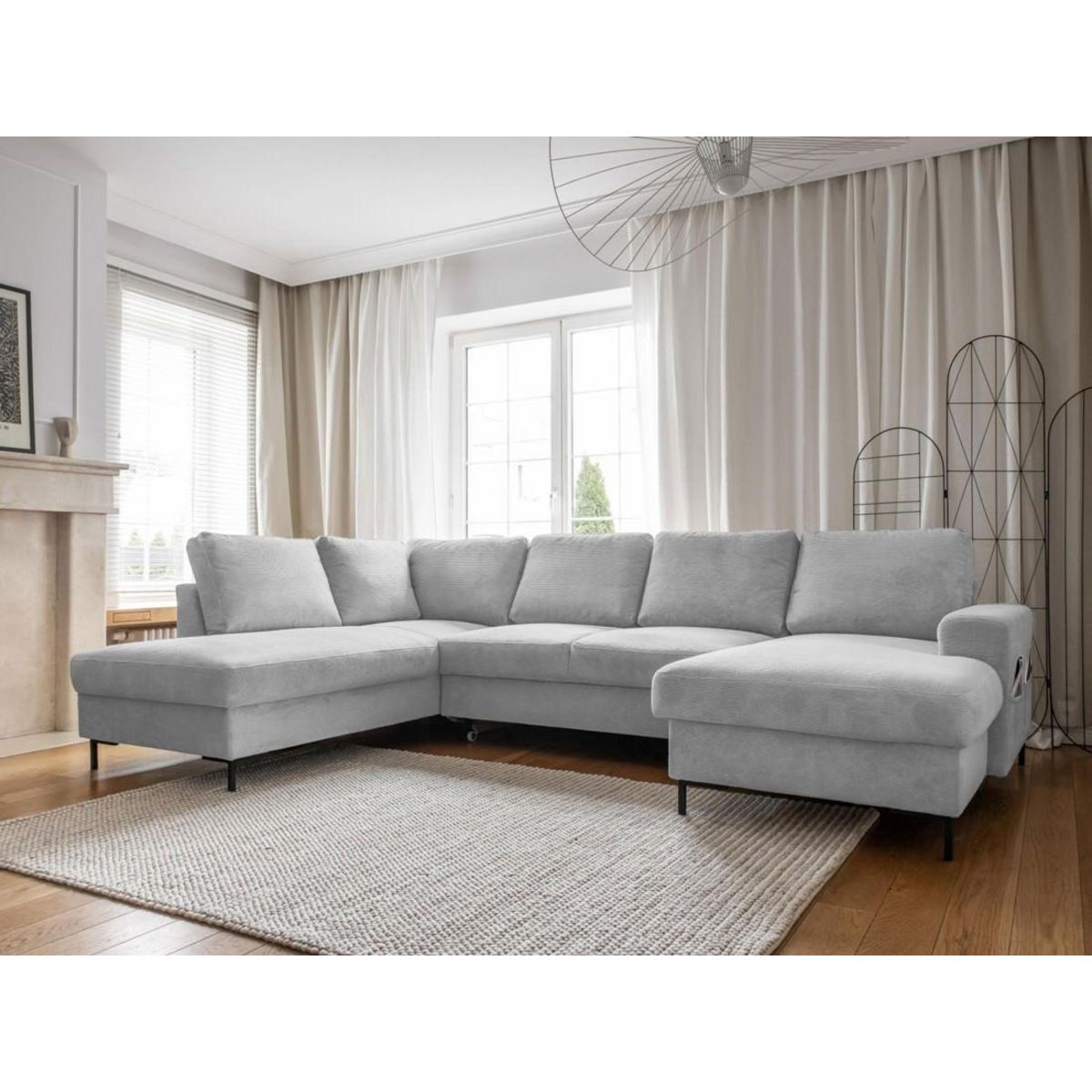 BEST MOBILIER Lilly - canapé panoramique d'angle gauche - 7 places - convertible avec coffre - en velours côtelé