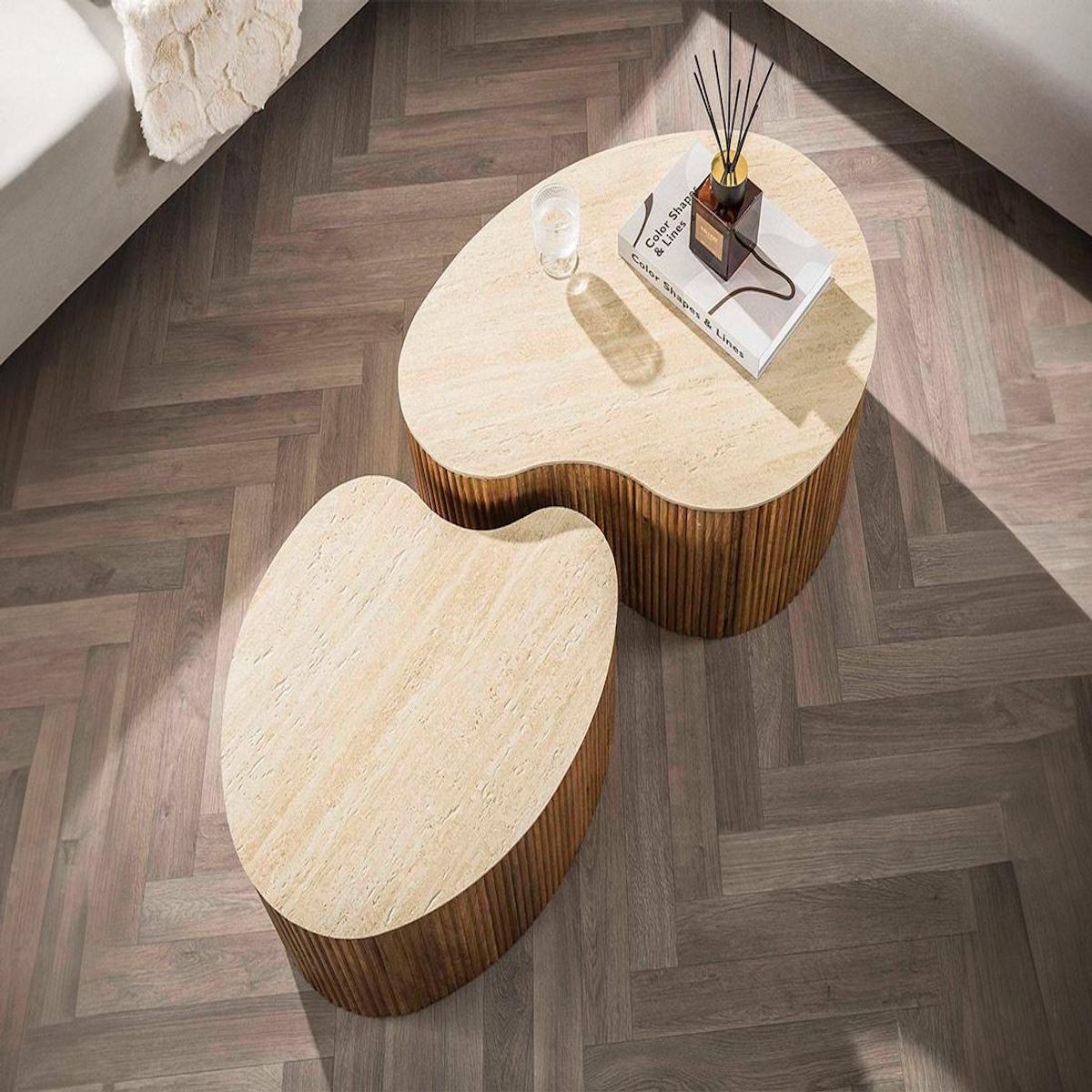 BEST MOBILIER Jade - lot de 2 tables basses gigognes effet travertin - pieds en bois massif de manguier - 93 et 76 cm