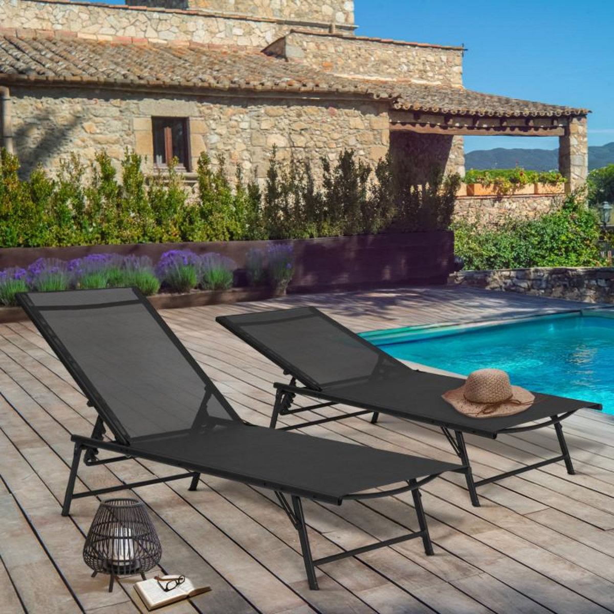 ID MARKET Lot de 2 transats de jardin inclinables KAILUA en acier noir et toile noire