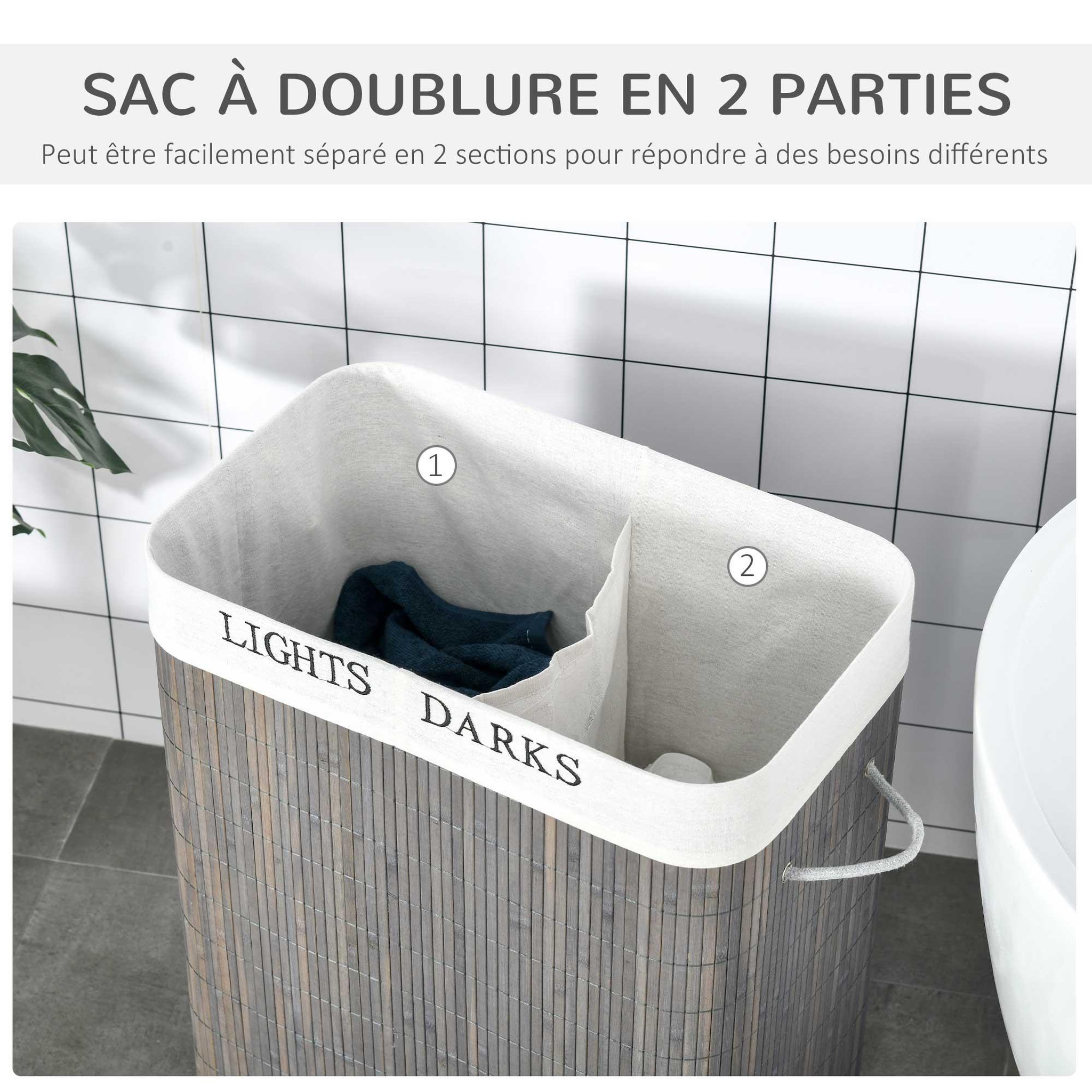 Voir la diapositive 6 : HOMCOM Panier à linge corbeille à linge 2 bacs bambou pliable couvercle poignée sac amovible en toile gris
