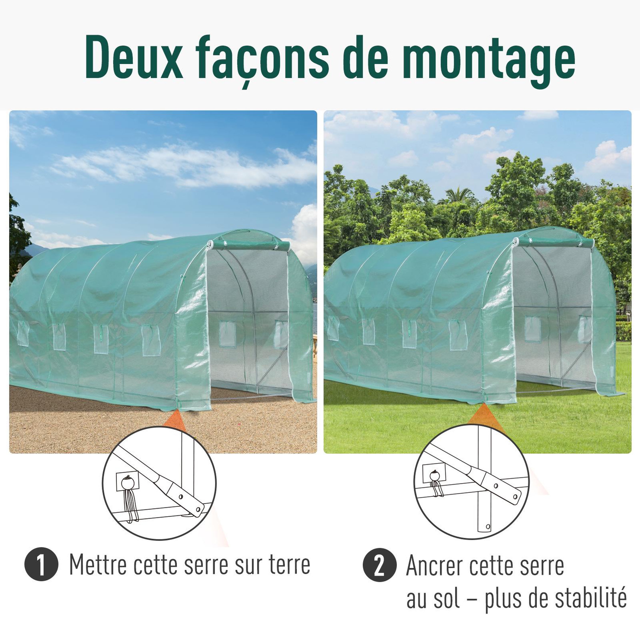 Voir la diapositive 5 : OUTSUNNY Serre de jardin tunnel surface sol 10 m² 5l x 2l x 2,10h m châssis tubulaire renforcé porte zippée 8 fenêtres enroulables vert