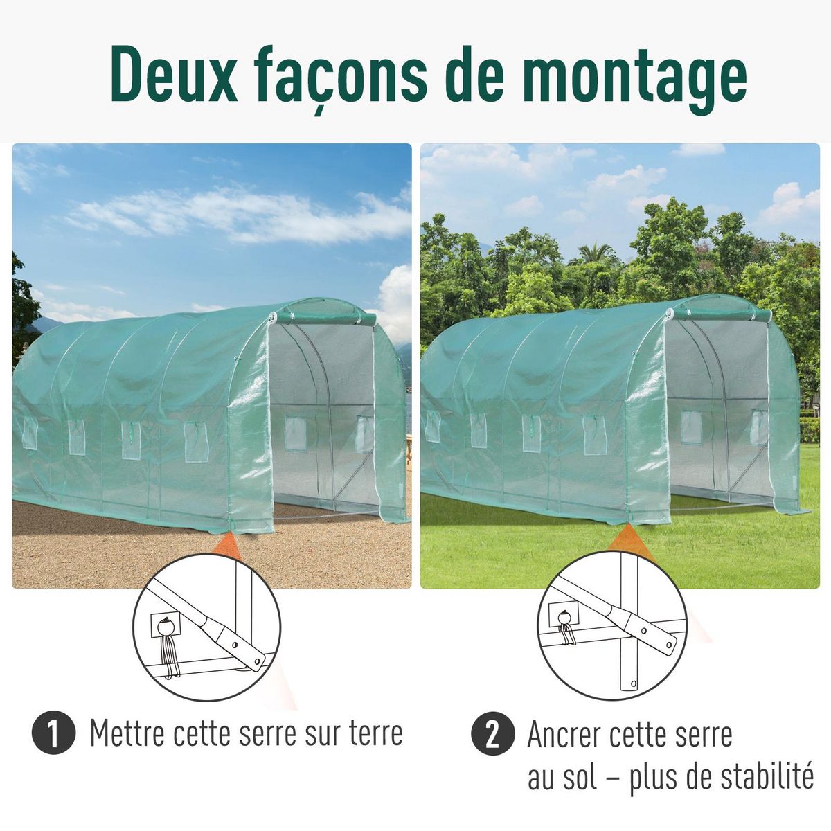 OUTSUNNY Serre de jardin tunnel surface sol 10 m² 5L x 2l x 2,10H m châssis tubulaire renforcé porte zippée 8 fenêtres enroulables vert