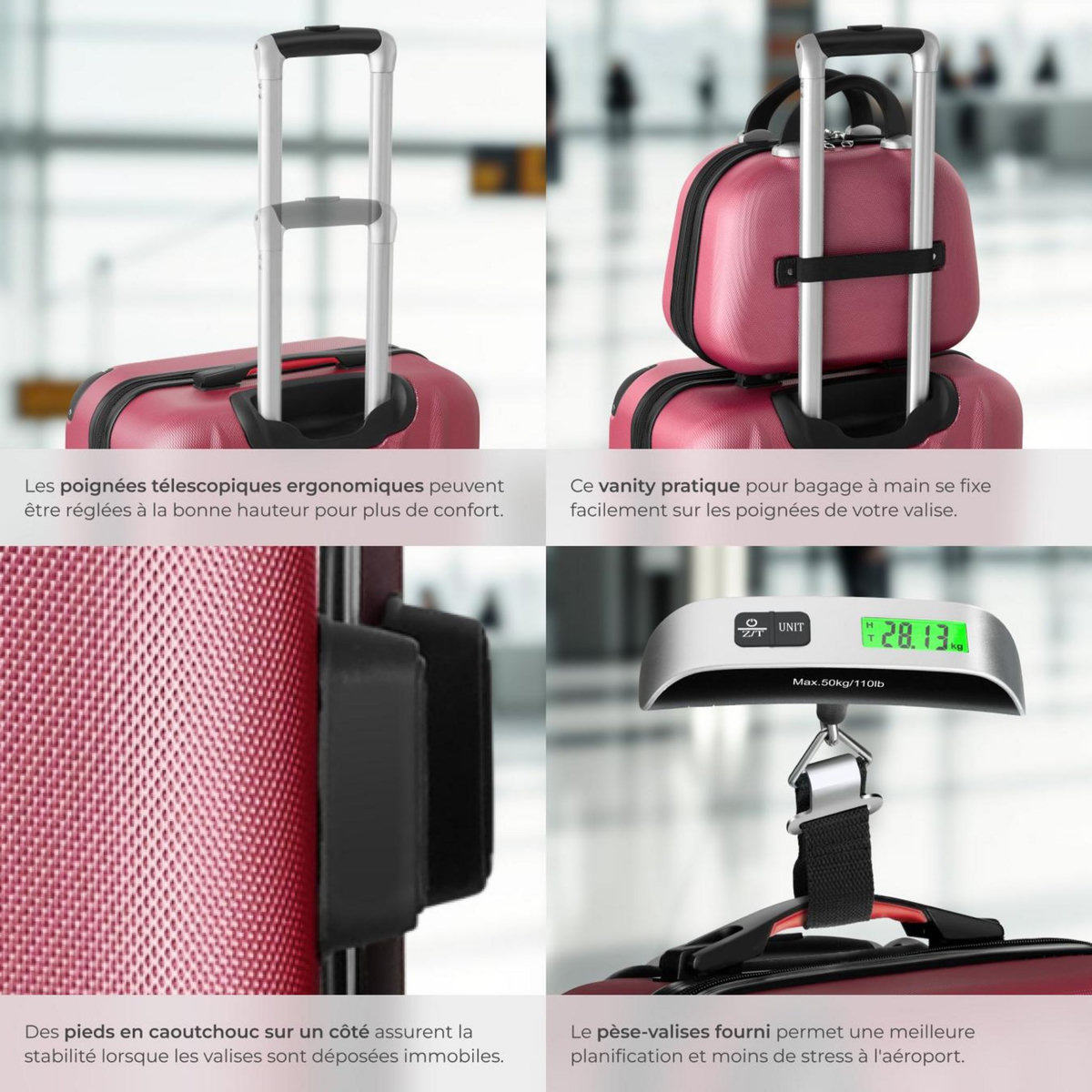 tectake Set de valises rigides 4 pièces, 3 Trolleys, 1 Vanity case, Balance et étiquette bagages inclus rouge bordeaux