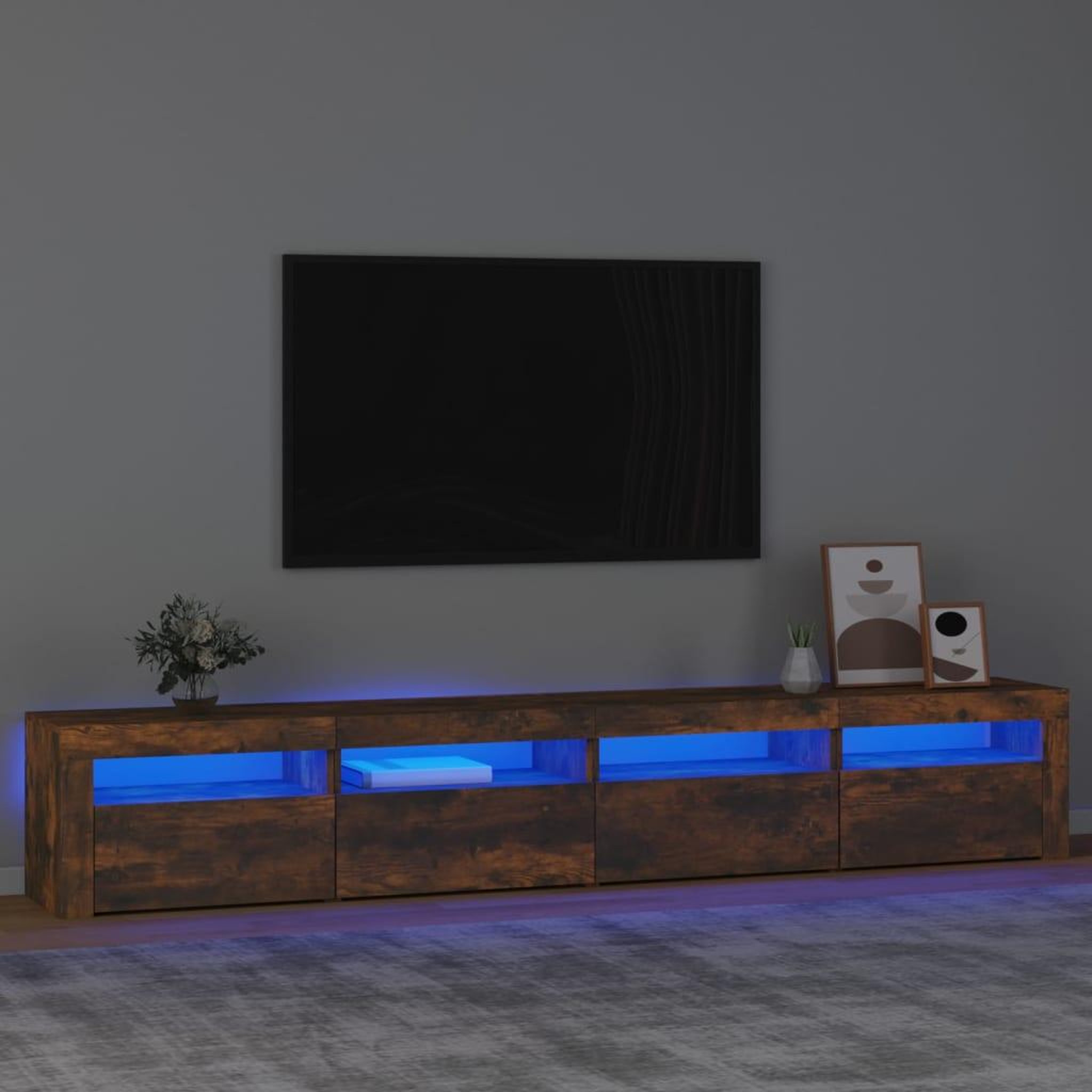 Voir la diapositive 1 : VIDAXL Meuble TV avec lumieres LED Chene fume 240x35x40 cm