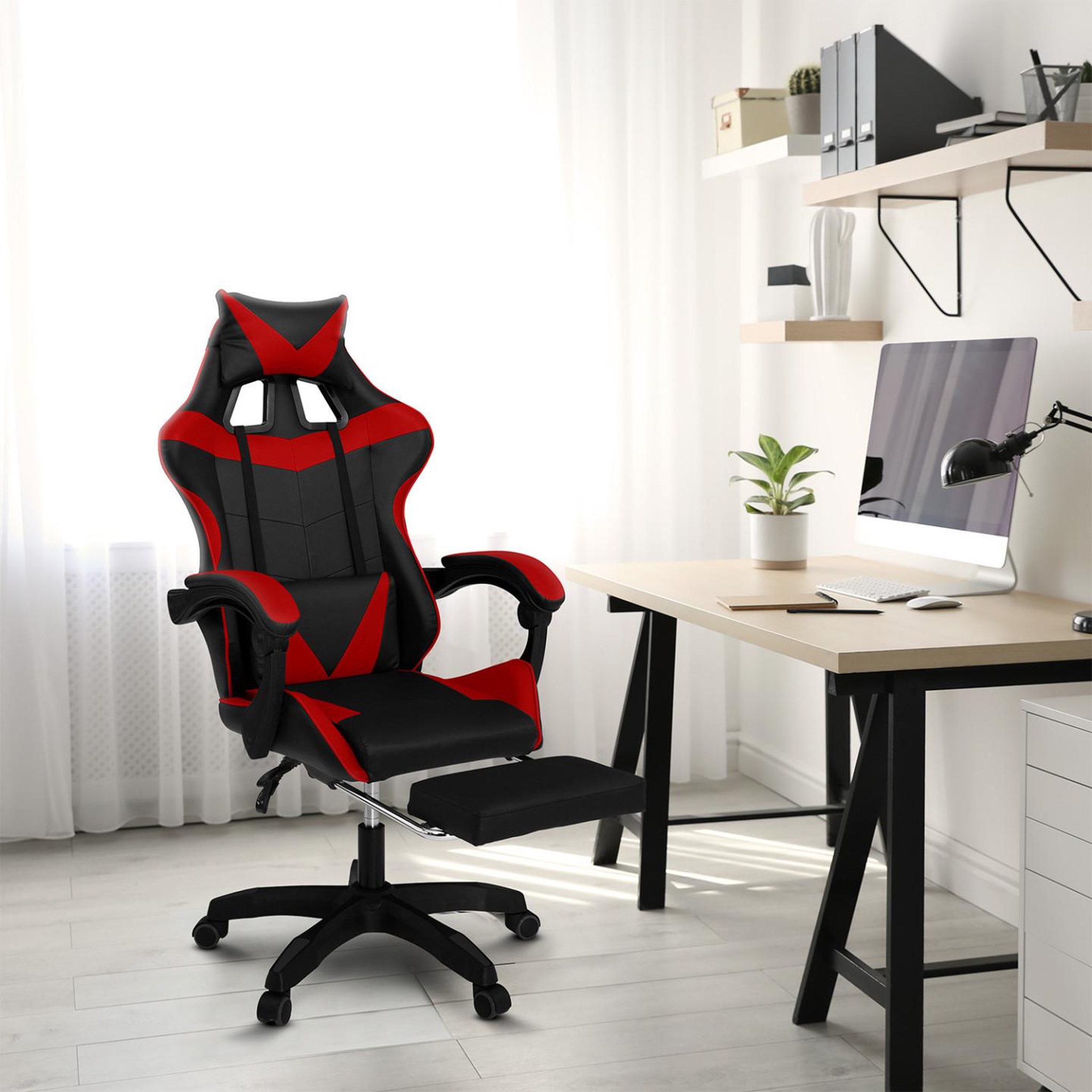 Voir la diapositive 4 : ID MARKET Fauteuil de gaming alex réglable avec repose-pied, coussin de tête et coussin lombaire noir et rouge